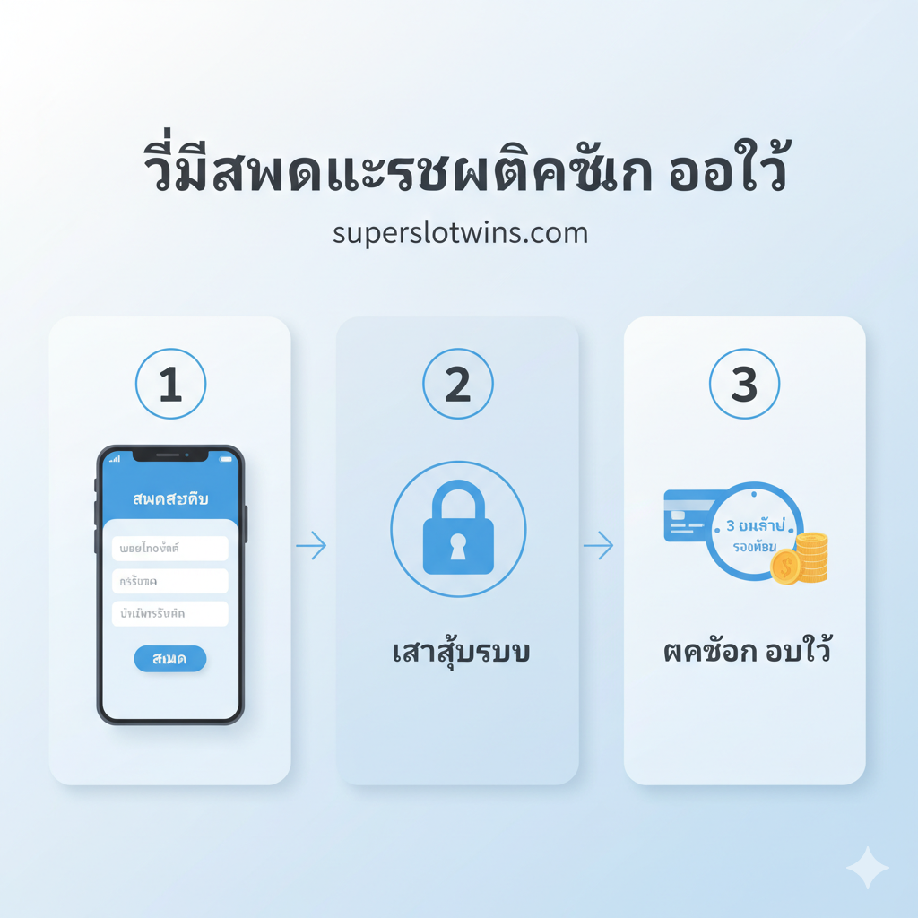 ออกแบบ一张关于注册和自动存取款系统的教程引导图。画面采用分步指导（1, 2, 3）的图标或流程图形式。主要元素包括一个手机屏幕（显示简化版 'สมัคร' 注册界面）、一个银行卡或钱包图标，以及一个带有 '3 วินาที' (3秒) 或 'รวดเร็ว' (快速) 标记的计时器图标。背景色调简洁、干净（如浅蓝或白色），文字使用泰语，突出 'สมัคร', 'เข้าสู่ระบบ' (登录) และ 'ฝากถอน ออโต้' (自动存取款)。