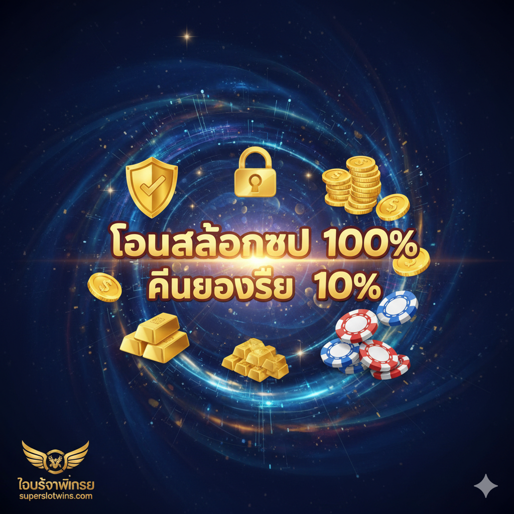 ออกแบบ一张展示 'superslotwins.com' 平台优势和特别促销的图片。画面中央是巨大的泰语促销信息，例如 'โบนัสต้อนรับ 100%' (100% 欢迎奖金) หรือ 'คืนยอดเสีย 10%' (10% 返水)。周围环绕ด้วย象征安全和信任的图标（如盾牌、锁），以及象征财富的元素（如金条、堆积的筹码）。下方角落放置 'superslotwins.com' 的Logo或网站名。整体风格应充满诱惑力，强调独家和高回报。