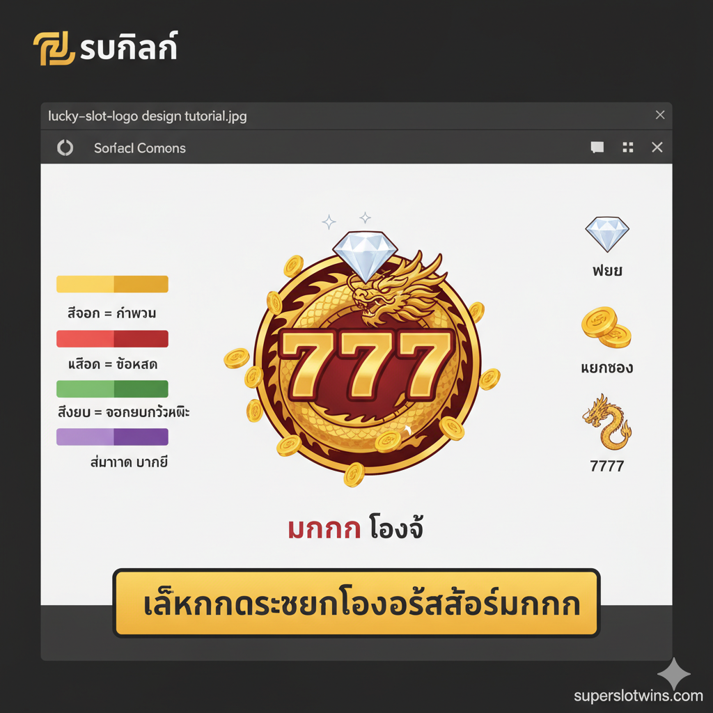 这张教程图片用于展示如何设计“มงคล” (吉祥) โลโก้。图片模拟一个设计软件的界面或一个情绪板。中心是一个正在设计的โลโก้，周围是构成元素：一个调色板（金色、红色、绿色、紫色），旁边有泰语标签说明其含义（เช่น สีทอง = ร่ำรวย）；以及吉祥符号（钻石、金币、龙、777）。构图清晰，像是一个设计指南，帮助用户理解吉祥元素的组合。