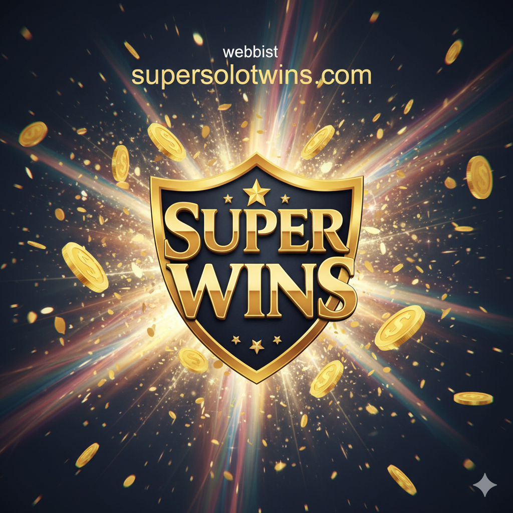 这张优势图片展示了 superslotwins.com 网站โลโก้的专业性和吸引力。图片中心是“Superslotwins”的โลโก้，设计精美，以金色和深色调为主，强调“Super”和“Wins”。โลโก้的背景是流光溢彩的效果，周围有金币和闪光粒子爆发出来，象征着“ชัยชนะ” (胜利) 和“ดึงดูดทรัพย์” (吸引财富)。整体风格非常高级、有冲击力，强化了品牌的信赖感。