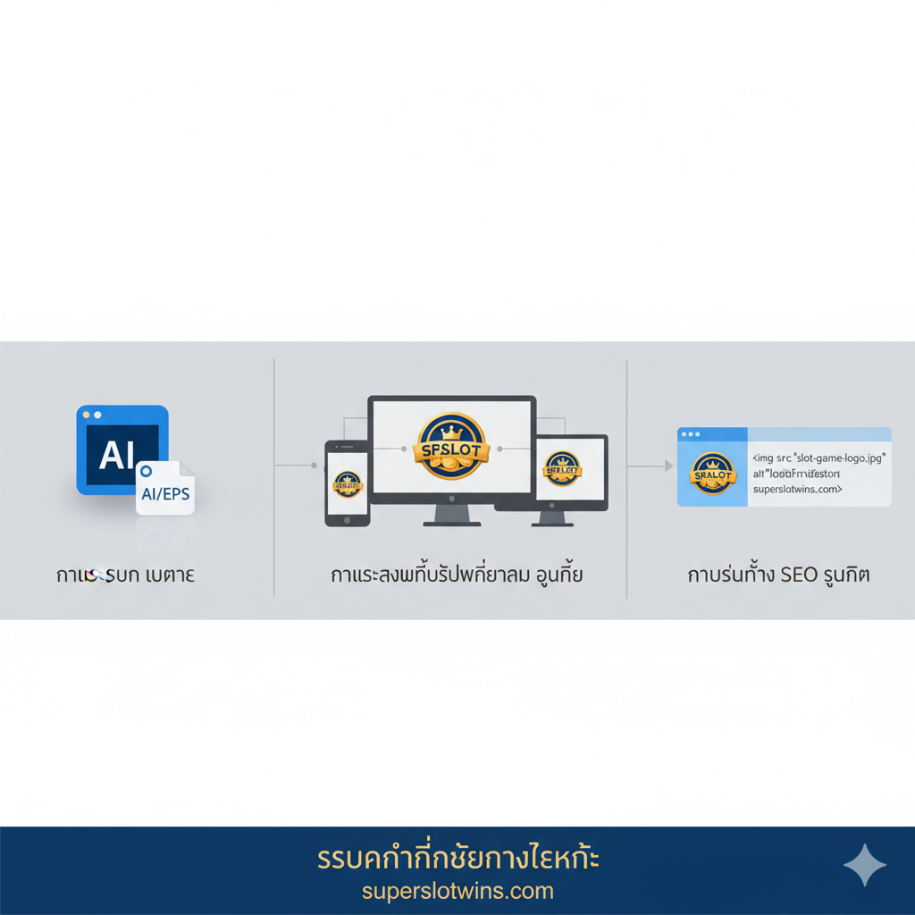 一张总结图片，展示了โลโก้从设计到应用的流程。构图采用信息图表风格，从左到右显示：1. 一个矢量设计软件（AI/EPS）的图标；2. 一个โลโก้ในต่าง设备（手机、平板、电脑）上的响应式展示；3. 一个带有泰语“Alt Text”标签的图片SEO优化示意图。色调专业，使用蓝色和灰色为基础，金色作为点缀，总结了第4部分中提到的技术提示。