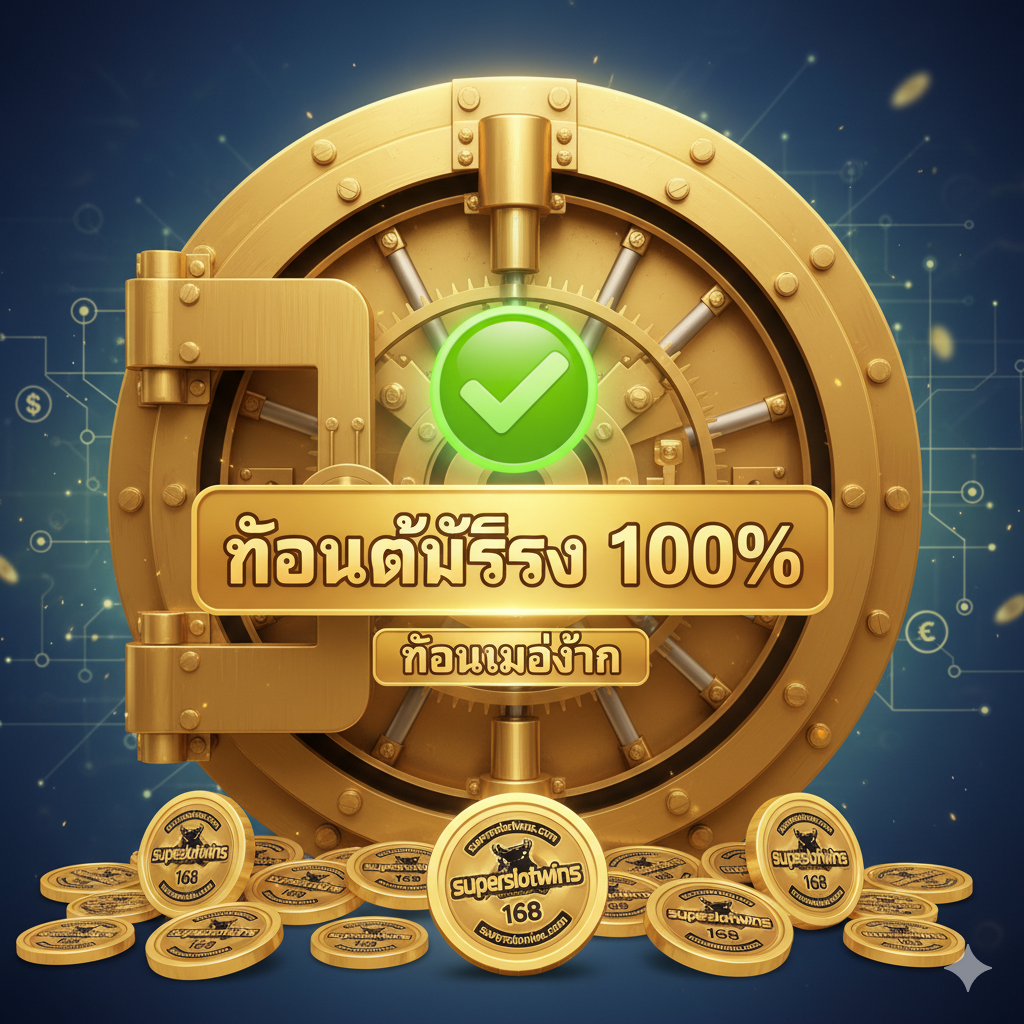 优势特点图,强调“ถอนได้จริง”และ“ถอนไม่อั้น”的可靠性。图片应采用信任和安全的视觉主题,可以是一个巨大的、加锁的金库门,上面贴着泰语的“ถอนได้จริง 100%”标签。周围散落着带有“superslotwins”标志的金色奖牌或印章。构图上,将代表“提款成功”的绿色勾选标记放在中央,背景可以采用柔和的金融或安全相关的纹理,突出平台的信誉和保障。