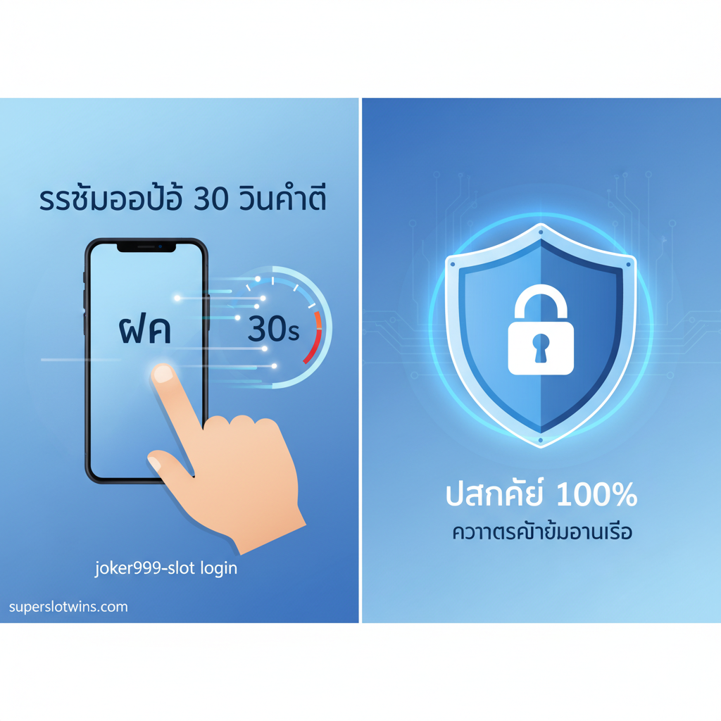 ภาพแสดงฟังก์ชัน 'ระบบออโต้ 30 วินาที' โดยเน้นความเร็วและความปลอดภัย. ภาพควรแบ่งเป็นสองส่วน: ด้านหนึ่งเป็นภาพมือที่กำลังแตะหน้าจอโทรศัพท์มือถือที่แสดง 'Deposit' (ฝาก) และมีมาตรวัดความเร็วหรือนาฬิกานับถอยหลัง '30s' ที่ถูกเร่งความเร็ว. อีกด้านหนึ่งเป็นรูปกุญแจล็อคหรือสัญลักษณ์โล่ (Shield Icon) พร้อมข้อความ 'Secure 100%'. ใช้โทนสีน้ำเงินและฟ้าอ่อนเพื่อสื่อถึงเทคโนโลยีและความรวดเร็ว. ภาพนี้ควรเป็น Infographic/Diagrammatic Style ที่ดูสะอาดตาและเข้าใจง่าย.