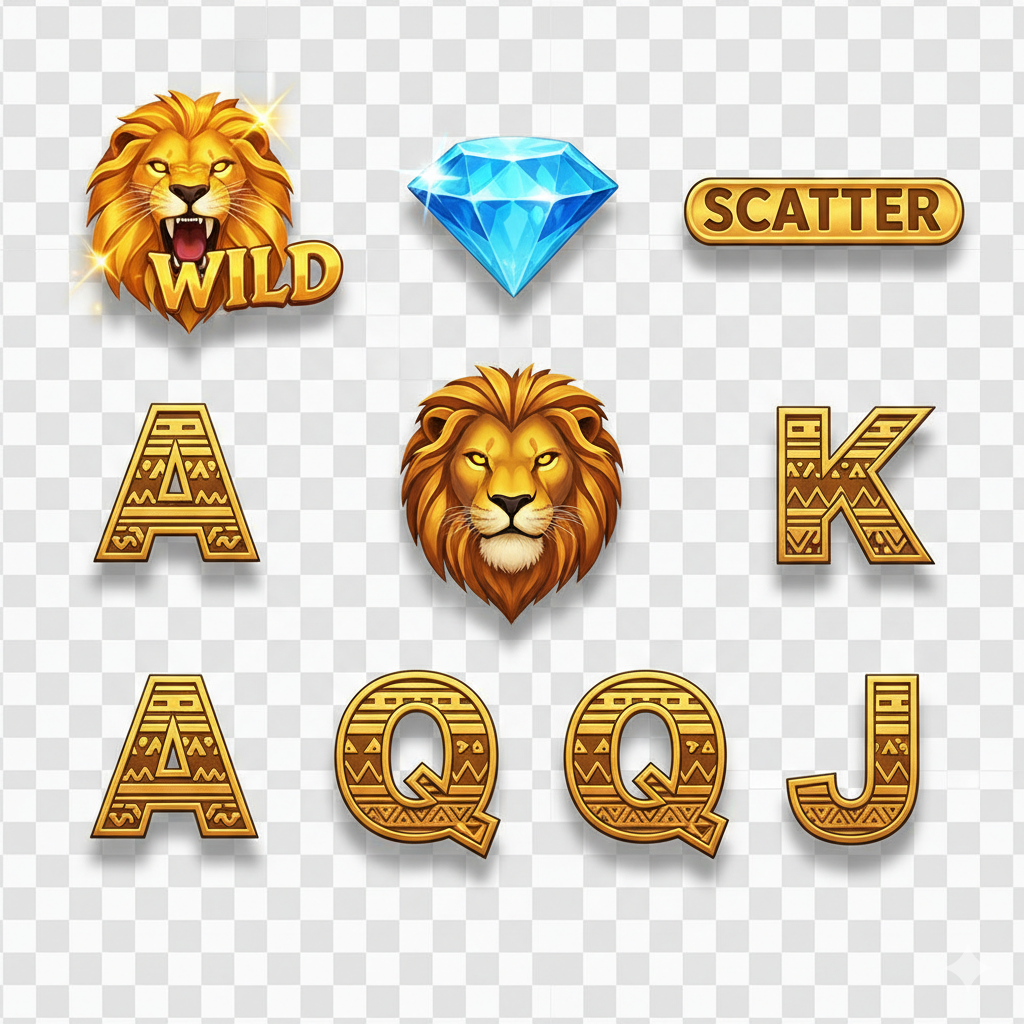 展示游戏素材资源的合成图，旨在强调'PNG下载'的主题。背景使用灰白相间的棋盘格纹理（代表透明背景），上面整齐排列着Safari Wilds的高清游戏元素：包括Wild图标、Scatter钻石图标、狮子头像以及A-K-Q-J符号。每个元素都有轻微的阴影以增加立体感，构图整洁专业，仿佛是一个UI设计资源包的展示，吸引设计师和站长下载使用。