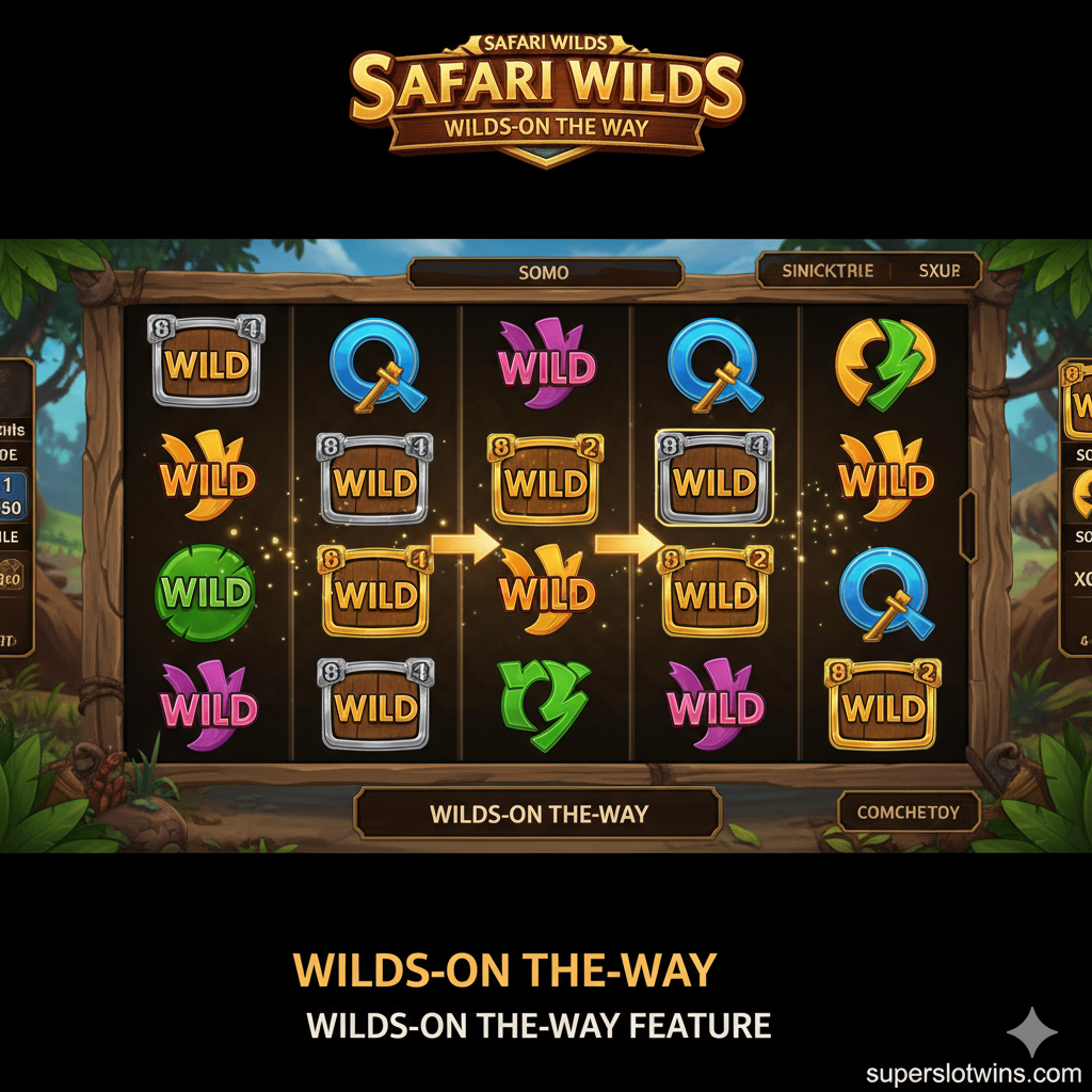 详细解析'Wilds-on-the-Way'游戏机制的教程示意图。画面聚焦于6卷轴的老虎机界面特写，高亮显示带有银色边框和金色边框的符号。使用发光的魔法粒子效果和箭头，演示符号从银框变为金框，最后变成Wild符号的转化过程。视觉风格科技感与原始丛林风结合，清晰直观地展示连消机制，帮助玩家理解游戏玩法。