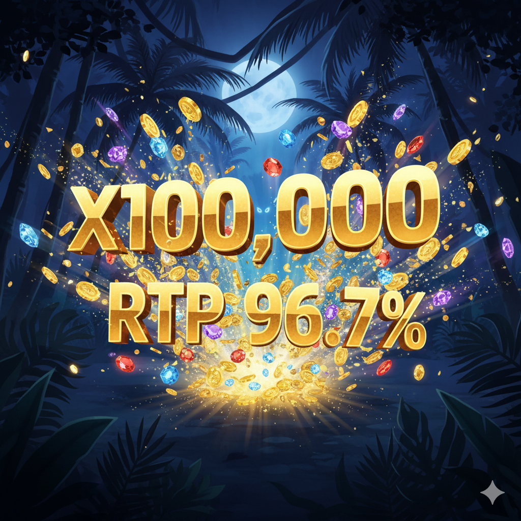 一张极具冲击力的'大奖'优势展示图。画面中心是巨大的金色数字'X100,000'(代表最大赔率)和'RTP 96.7%',周围环绕着爆炸飞溅的金币、钻石和宝石。背景是深邃的夜间丛林,衬托出文字和金币的耀眼光芒。视觉上要传达出'高波动性'和'高回报'的刺激感,激发玩家在Superslotwins上进行真钱投注的欲望。