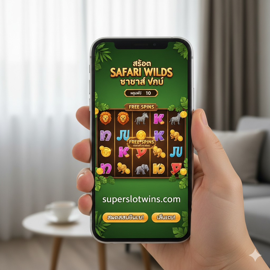 展示在智能手机上游玩Safari Wilds Slot的场景图。一只手握着现代智能手机,屏幕上清晰显示着Superslotwins网站的游戏界面,正在进行免费旋转(Free Spins)环节。背景模糊处理,营造出现代、休闲的氛围。屏幕画面色彩鲜艳,UI布局清晰,强调PG Soft游戏在移动端的完美适配性,作为文章的总结图,引导用户点击注册。