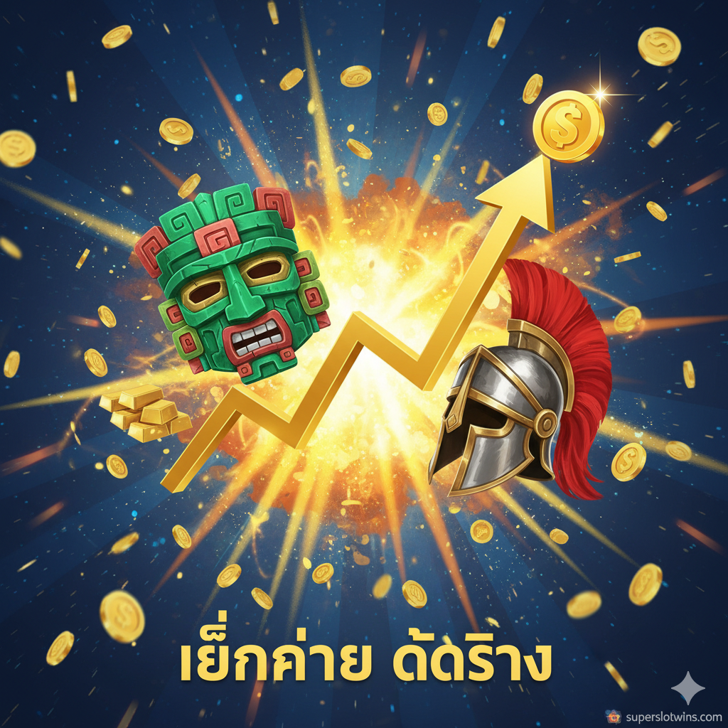 一张充满活力的拼贴风格图片，展示 '易崩盘/高RTP' 的游戏优势。画面中心是一个上升的金色折线图，象征着高回报率。周围环绕着文章中提到的热门游戏元素，如 'Treasures of Aztec' 的玛雅面具和 'Roma Slot' 的角斗士头盔。背景散落着发光的金条和 'WIN' 字样的爆炸特效，强调在该平台玩 Eu 168 Slot 容易中奖的特点，色彩鲜艳，充满赢钱的喜悦感。