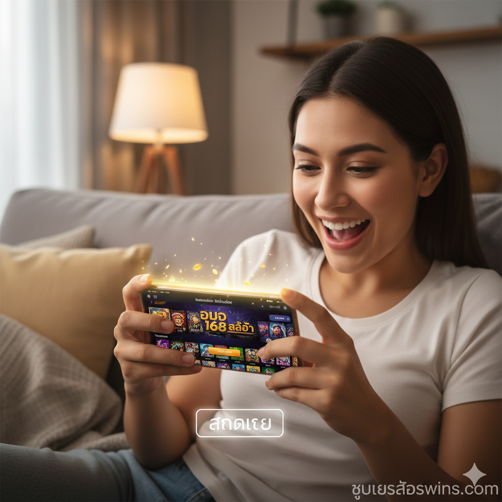 一张生活方式类的总结图片，展示一名年轻用户在舒适的沙发上手持智能手机，脸上洋溢着兴奋的笑容。手机屏幕上正显示着 Eu 168 Slot 的游戏大厅入口，屏幕周围环绕着淡淡的金色魔法光晕，暗示着即将到来的好运。背景虚化处理，突出移动端游玩的便捷性。图片下方隐约可见 'Apply Now' 的虚拟按钮投影，作为视觉号召，鼓励用户立即行动。