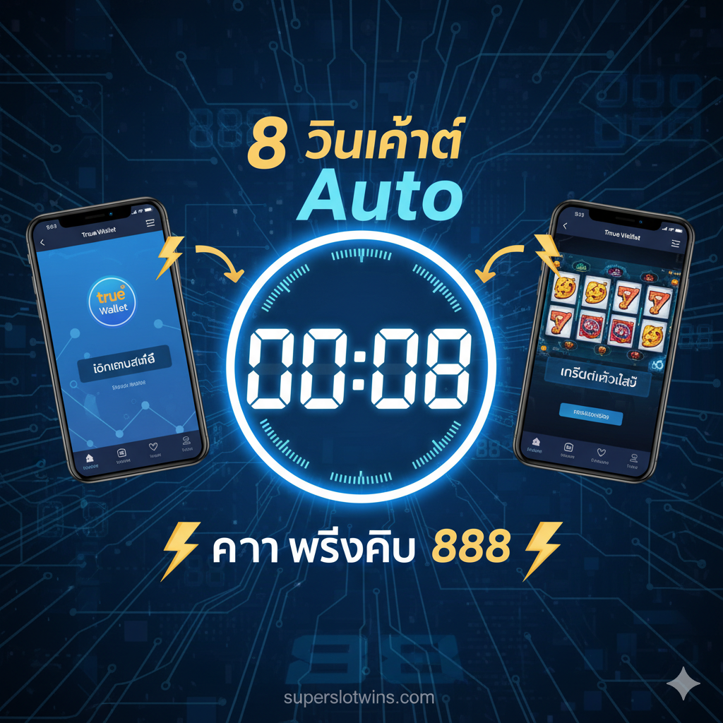 功能特性图,重点突出'8 วินาที Auto'的存取款速度。图片核心是一个数字计时器显示'00:08'秒。计时器两侧分别是一个手机屏幕,一边显示True Wallet的'โอนเงินสำเร็จ'(转账成功)界面,另一边显示老虎机游戏界面的'เครดิตเข้าแล้ว'(信用已到账)通知。使用闪电符号(⚡)和箭头的动态线条连接两者,背景采用科技感的蓝色调和电路板纹理,强调'ความเร็วคือ 888'(速度就是888)的理念,视觉上要体现流畅、快速和自动化。