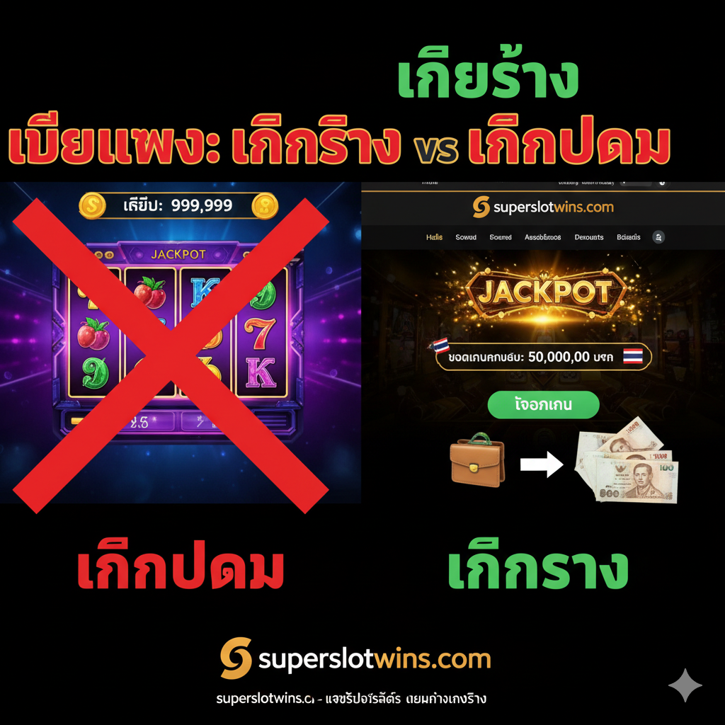 ภาพเปรียบเทียบคุณสมบัติที่ชัดเจน ด้านซ้ายแสดงภาพแอปเกมสล็อตฟรี (Free-to-play) ที่มีเหรียญเสมือนจริง (เครดิตปลอม) และมีเครื่องหมายกากบาทสีแดงทับไว้ ด้านขวาแสดงอินเทอร์เฟซของ 'superslotwins.com' อย่างชัดเจน พร้อมสัญลักษณ์การถอนเงิน (Withdrawal) ที่เชื่อมโยงไปยังบัญชีธนาคารจริงและธนบัตรไทย เน้นย้ำข้อความว่า "เงินจริง" (Real Money) เทียบกับ "เงินปลอม" (Fake Money) เพื่อตอกย้ำจุดยืนของเว็บไซต์ว่าเป็น 'Penghasil Uang' ตัวจริง
