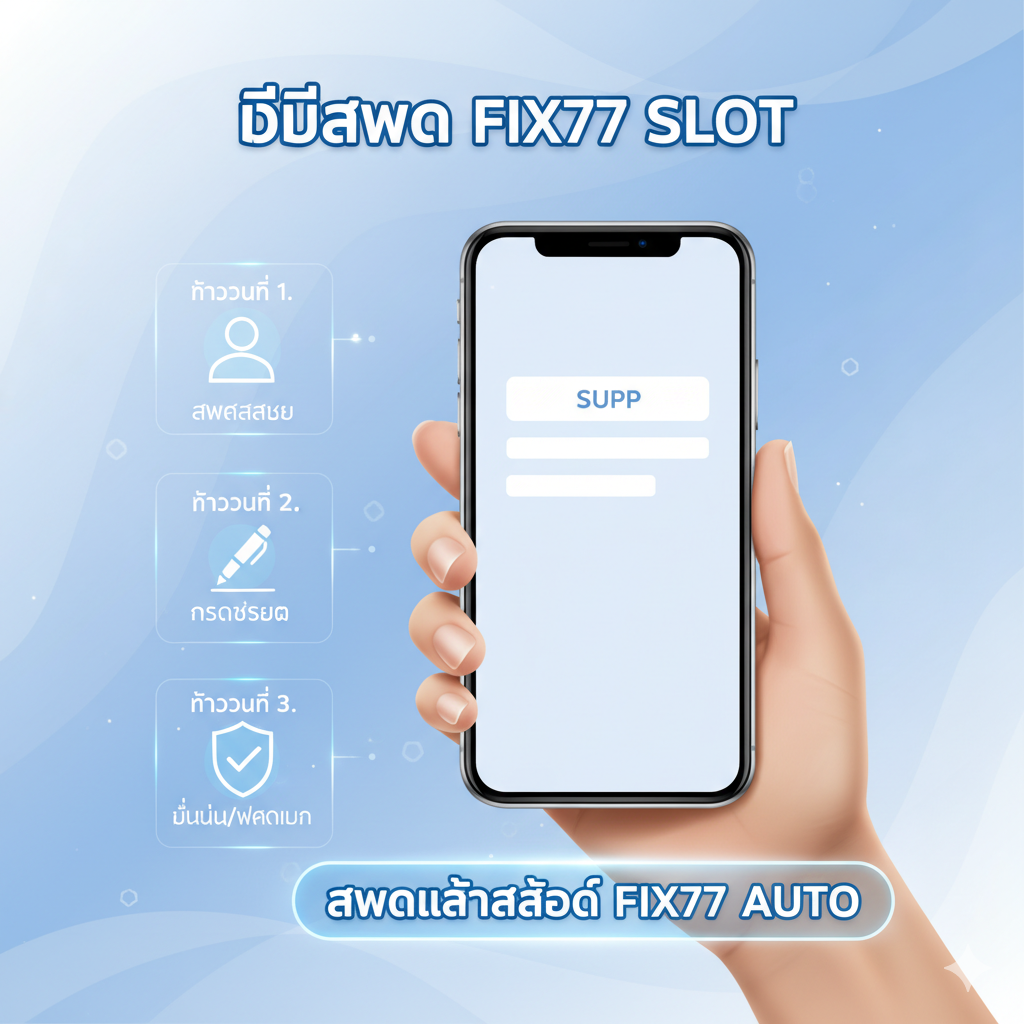 A clean, modern infographic-style illustration depicting the 3-step registration process for Fix77. A hand holds a smartphone showing a simplified sign-up form. Holographic icons float next to the phone: a 'User Profile' icon for step 1, a 'Pen' icon for filling details, and a 'Shield with Checkmark' for verification/deposit. The visual style is sleek and tech-oriented, using soft blue and white lighting to convey security, trust, and ease of use for the 'Auto' registration system.