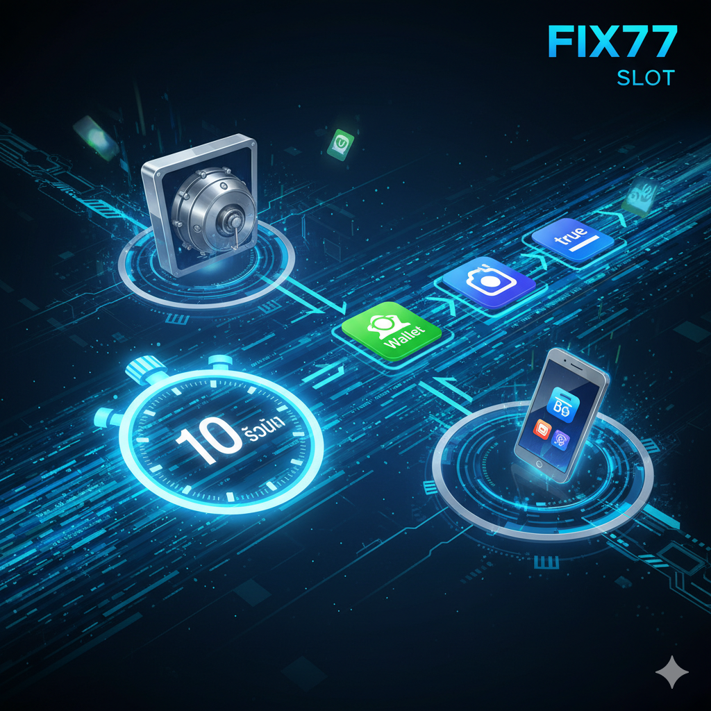 A futuristic concept art piece representing the 'Auto Deposit-Withdrawal' system. A high-speed digital data stream flows rapidly between a digital bank vault and a mobile wallet icon. A glowing stopwatch graphic is prominent, indicating a '10-second' speed. Symbols representing 'True Wallet' and major banking apps are integrated into the flow. The colors are electric blue, neon green, and metallic silver, emphasizing the speed, technology, and safety of the financial transactions on the platform.