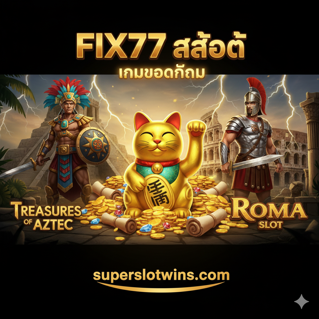 A dynamic cinematic collage showcasing the most popular games available on Fix77 Slot. The composition features key characters from top games: the Golden Cat from 'Lucky Neko' waving its paw in the center, flanked by the Aztec warrior from 'Treasures of Aztec' and a Roman gladiator from 'Roma Slot'. The background is filled with piles of gold treasures and ancient ruins. The lighting is dramatic, highlighting the high-quality graphics and variety of entertainment awaiting players at superslotwins.com.