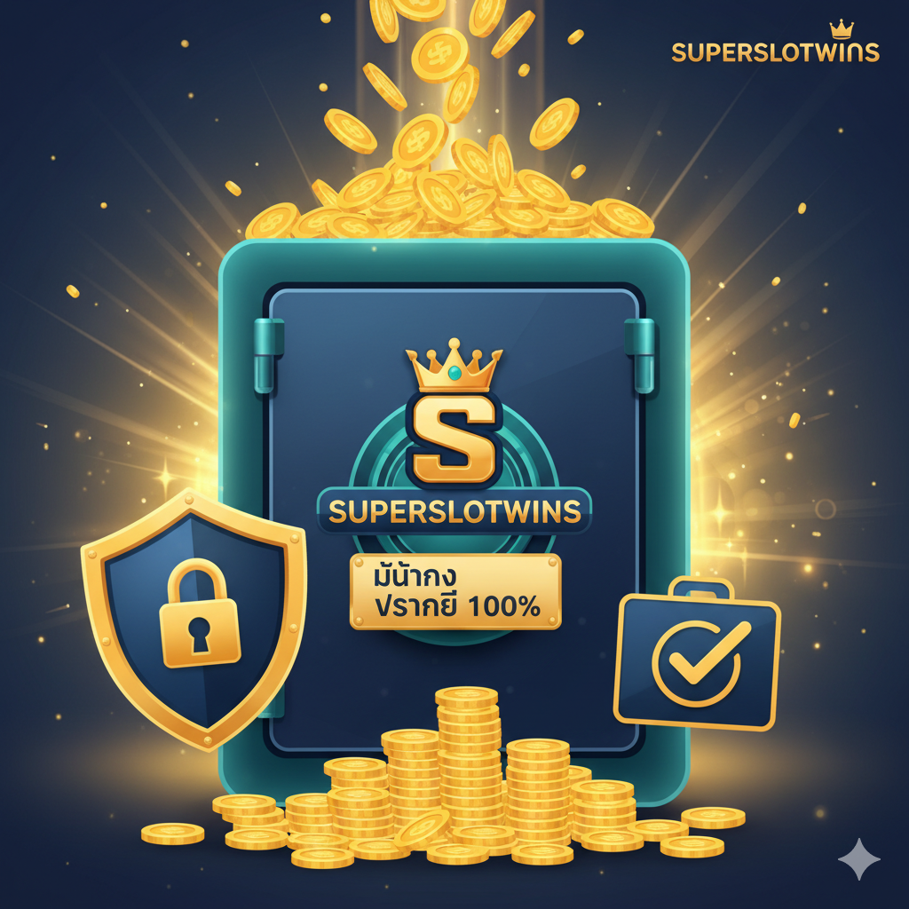 ภาพแสดงข้อได้เปรียบของการเป็น 'เว็บตรง' (Superslotwins) เน้นความมั่นคงทางการเงินและความปลอดภัย แสดงภาพตู้เซฟขนาดใหญ่หรือเหรียญทองจำนวนมากที่กำลังไหลลงมาจากด้านบน พร้อมกับโลโก้ของ Superslotwins ที่ติดป้าย 'TRUSTED' หรือ '100% SECURE' ในฉากควรมีโล่ป้องกัน (Shield) หรือกุญแจล็อคเพื่อสื่อถึงความปลอดภัยของข้อมูลผู้เล่น ใช้สีน้ำเงินเข้มและสีเขียวเพื่อสื่อถึงความเชื่อมั่นและความมั่นคงทางการเงิน ภาพรวมควรดูแข็งแกร่งและน่าเชื่อถือ