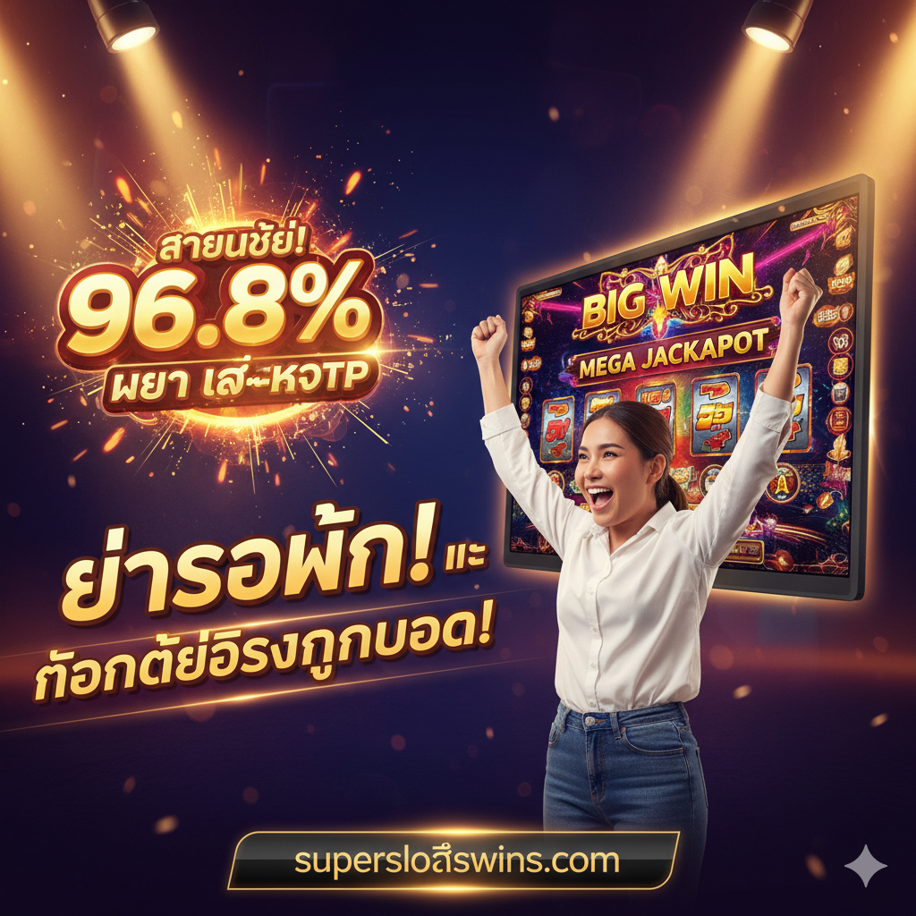 ภาพสรุปที่เน้นย้ำถึงโอกาสในการชนะสูง (แตกง่าย) และความคุ้มค่าของการเข้าร่วม แสดงภาพผู้เล่นที่กำลังมีความสุขกับการชนะรางวัลใหญ่ มีแสงไฟสปอตไลท์ส่องลงมาที่หน้าจอแสดง 'BIG WIN' หรือ 'MEGA JACKPOT' ตัวเลขของ RTP สูง (เช่น 96.8%) ควรปรากฏเป็นกราฟิกที่น่าตื่นเต้นในพื้นหลัง พร้อมข้อความที่ชวนเชิญให้ดำเนินการ เช่น 'อย่ารอช้า!' หรือ 'ถอนได้จริงทุกยอด' ใช้สีสันสดใสและมีชีวิตชีวา (เช่น แดง, ทอง, ส้ม) เพื่อสื่อถึงความตื่นเต้นและชัยชนะ