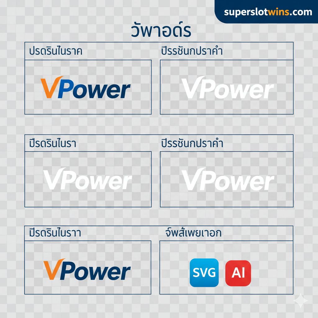 一张信息图表式的图片,展示了可供下载的 VPower logo 资源。ภาพ採用网格布局,一个网格显示ในโปร่งใสพื้นหลัง(棋盘格图案)บน全彩 VPower logo,另一个网格显示纯白色版本的 logo。第三个网格则突出显示 “Vector Files” (เวกเตอร์ไฟล์),并带有 “SVG” 和 “AI” 图标。ภาพ上ใช้泰语叠加了关键特性,如 “ความละเอียดสูง” (ความละเอียดสูง) และ “พื้นหลังโปร่งใส” (พื้นหลังโปร่งใส)。