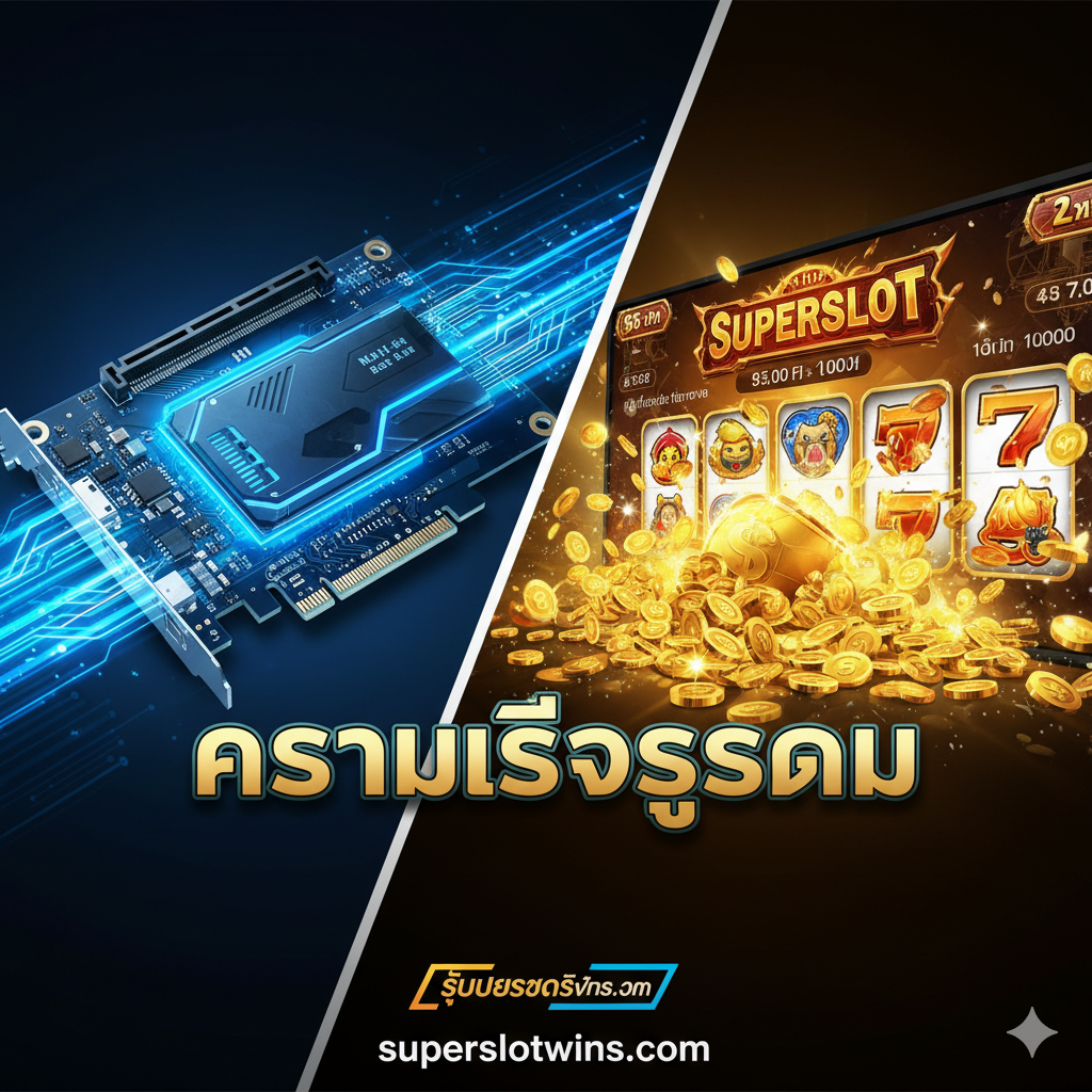ภาพหน้าปกที่ใช้เทคนิคแบ่งครึ่งหน้าจอ (Split-screen) เพื่อเปรียบเทียบแนวคิด "ความเร็ว" อย่างชัดเจน ด้านซ้ายแสดงภาพการ์ด M.2 Wi-Fi Slot (Key E) ที่ดูไฮเทคและทันสมัย กำลังเรืองแสงสีฟ้าสว่าง พร้อมมีเส้นแสงข้อมูล (data streams) พุ่งออกมาอย่างรวดเร็ว ด้านขวาแสดงหน้าจอเกม Superslot (เช่น PG Slot) ที่กำลังแจ็คพอตแตก มีเหรียญทองจำนวนมหาศาลทะลักออกมา พร้อมเอฟเฟกต์แสงสีทองอร่าม ตรงกลางมีคำภาษาไทยตัวหนาว่า "ความเร็วสูงสุด" (Maximum Speed) เพื่อเชื่อมโยงแนวคิดทั้งสองฝั่งเข้าด้วยกัน องค์ประกอบโดยรวมดูไดนามิกและน่าตื่นเต้น