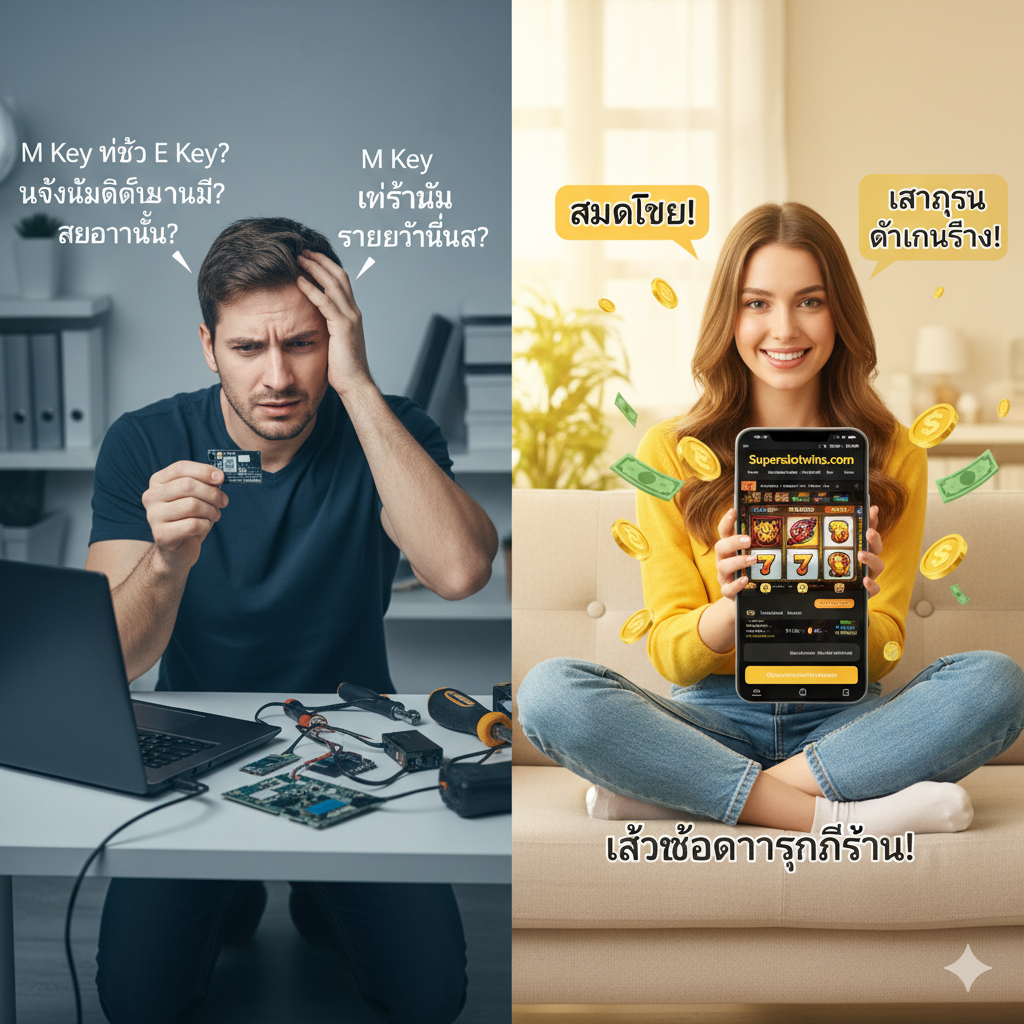 ภาพเปรียบเทียบความแตกต่างระหว่างความยุ่งยากของฮาร์ดแวร์และความง่ายของเกมสล็อต ด้านซ้าย (ใช้โทนสีหม่นเล็กน้อย) แสดงภาพบุคคลกำลังสับสนและปวดหัว ขณะพยายามติดตั้ง M.2 Wi-Fi Card ลงในแล็ปท็อป โดยมีข้อความคำถามลอยอยู่เช่น "M Key vs E Key?" หรือ "ต้องใช้ไดรเวอร์?" ด้านขวา (ใช้โทนสีสว่างสดใส) แสดงภาพบุคคลอีกคนกำลังยิ้มแย้มอย่างผ่อนคลาย ถือสมาร์ทโฟนที่แสดงหน้าจอ Superslotwins.com และมีไอคอนเหรียญทองลอยออกมา สื่อถึงการเข้าถึงความบันเทิงและผลกำไรที่ง่ายดายกว่ามาก