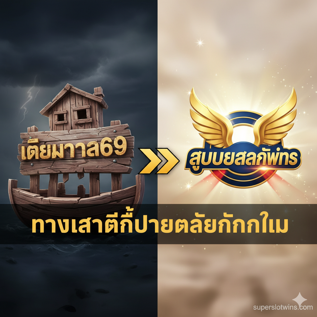 ภาพปกบทความที่สื่อถึงการเปรียบเทียบและความแตกต่างระหว่างเว็บไซต์สล็อตอินโดนีเซียกับไทย โดยมีองค์ประกอบหลักคือ 'Dermaga69' ที่เป็นรูปทรงท่าเรือเก่าหรือสัญลักษณ์ของอินโดนีเซีย (โทนสีน้ำตาลเข้ม/ซีด) อยู่ด้านซ้าย และมีโลโก้ 'Superslotwins' ที่ดูทันสมัย สว่างไสว และน่าเชื่อถือกว่า (โทนสีทอง/แดง/น้ำเงิน) อยู่ด้านขวา ตรงกลางมีเครื่องหมาย 'Vs' หรือลูกศรชี้ไปทางขวา พร้อมข้อความภาษาไทยตัวใหญ่เด่นชัดว่า 'ทางเข้าที่ดีกว่าสำหรับคนไทย' ใช้สไตล์ภาพกราฟิก 3D แบบเกมมิ่งที่ดึงดูดสายตา