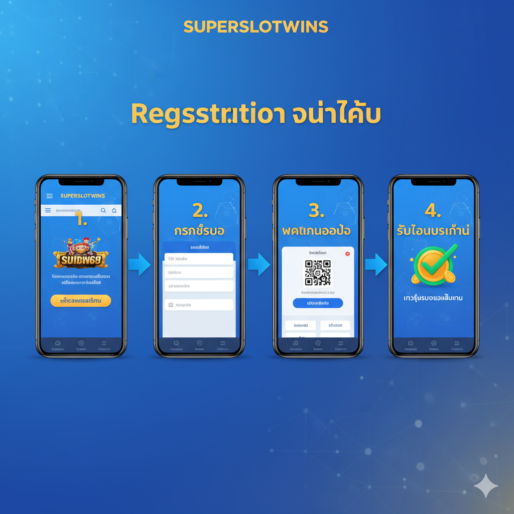 ภาพขั้นตอนการสมัครสมาชิก Superslotwins.com ที่เน้นความง่ายและรวดเร็ว แสดงภาพหน้าจอสมาร์ทโฟน 3-4 หน้าจอเรียงต่อกันเป็นขั้นตอน โดยมีลูกศรชี้จาก 1 ไป 2 ไป 3 และสิ้นสุดที่เครื่องหมายถูกขนาดใหญ่ในขั้นตอนที่ 4 (เข้าสู่ระบบและเล่นเกม) แต่ละหน้าจอมีข้อความสั้นๆ เป็นภาษาไทย เช่น '1. คลิกสมัครสมาชิก', '2. กรอกข้อมูล', '3. ฝากเงินออโต้' และ '4. รับโบนัสทันที' เน้นโทนสีสดใสของแบรนด์ Superslotwins (เช่น น้ำเงิน/ทอง) เพื่อสื่อถึงความง่าย สะดวก และความทันสมัยของการใช้งาน