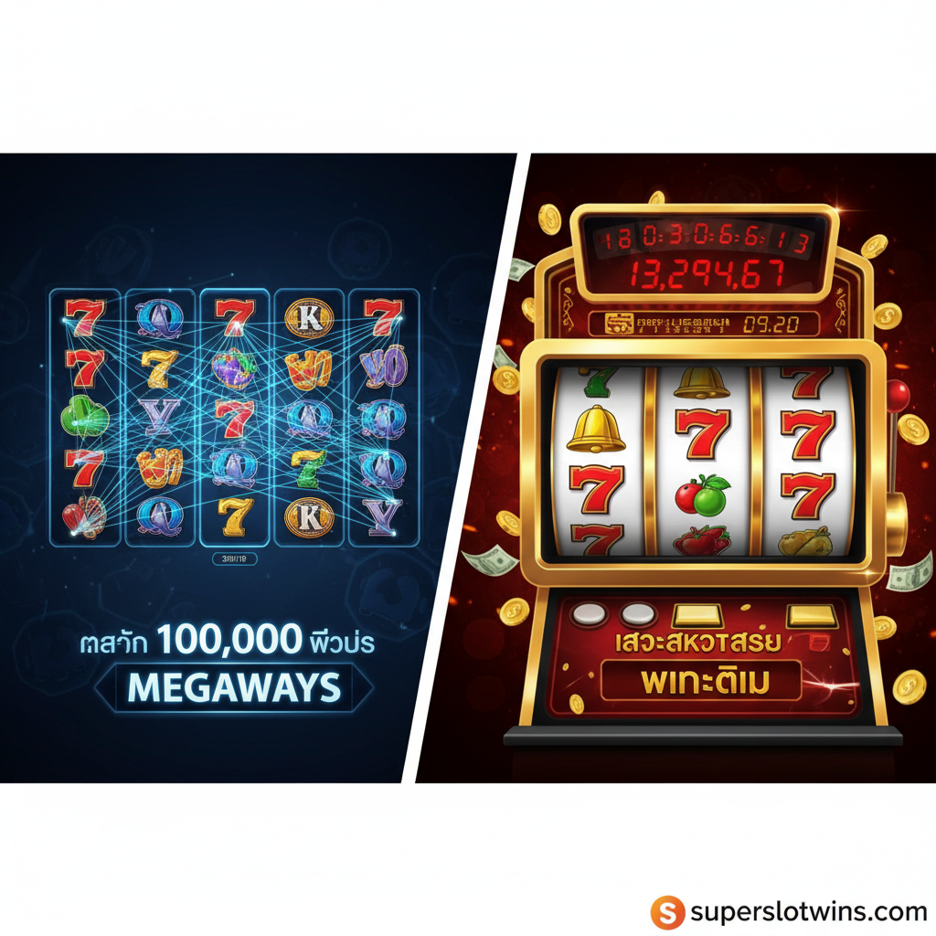 ภาพแสดงความแตกต่างของกลไกเกมสล็อต (Game Mechanics) เน้นองค์ประกอบของ 'Megaways' และ 'Progressive Jackpot' แบ่งภาพเป็นสองส่วนชัดเจน: ด้านซ้ายเป็นตารางวงล้อสล็อตแบบ Megaways ที่มีสัญลักษณ์จำนวนมากและเส้นชัยชนะที่ซับซ้อนกว่า 100,000 วิธี (Ways to Win) ในขณะที่ด้านขวาเป็นตู้สล็อตโปรเกรสซีฟแบบคลาสสิกที่มีมิเตอร์นับเงินรางวัลแจ็คพอตที่เพิ่มขึ้นเรื่อยๆ ใช้สีแดงและฟ้าเป็นสีตัดกันเพื่อเน้นความต่างของฟีเจอร์ โทนภาพมีความเป็นเทคนิคและทันสมัย เน้นการแสดงตัวเลขเงินรางวัลขนาดใหญ่เพื่อดึงดูดความสนใจ.