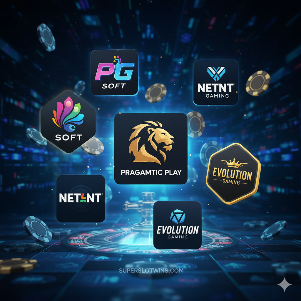 ภาพแสดง 'ประเภทสล็อตตามผู้ให้บริการ (Slot Providers)' เน้นการนำเสนอโลโก้หรือสัญลักษณ์เด่นของค่ายเกมสล็อตชื่อดังที่กล่าวถึง (เช่น PG Soft, Pragmatic Play) ในรูปแบบไอคอน 3 มิติที่ลอยอยู่บนพื้นหลังคาสิโนดิจิทัลที่ดูหรูหราและมีความเคลื่อนไหว (Dynamic Digital Casino Background) โทนสีเน้นความสดใสและพลังงานของแต่ละแบรนด์ (เช่น สีสันสดใสของ PG หรือโทนเข้มของ PP) ภาพต้องสื่อถึงความหลากหลายและความน่าเชื่อถือของเกมสล็อตที่รวบรวมไว้ที่ Superslotwins.com เป็นการจัดองค์ประกอบแบบรวมศูนย์ที่ดึงดูดสายตา.