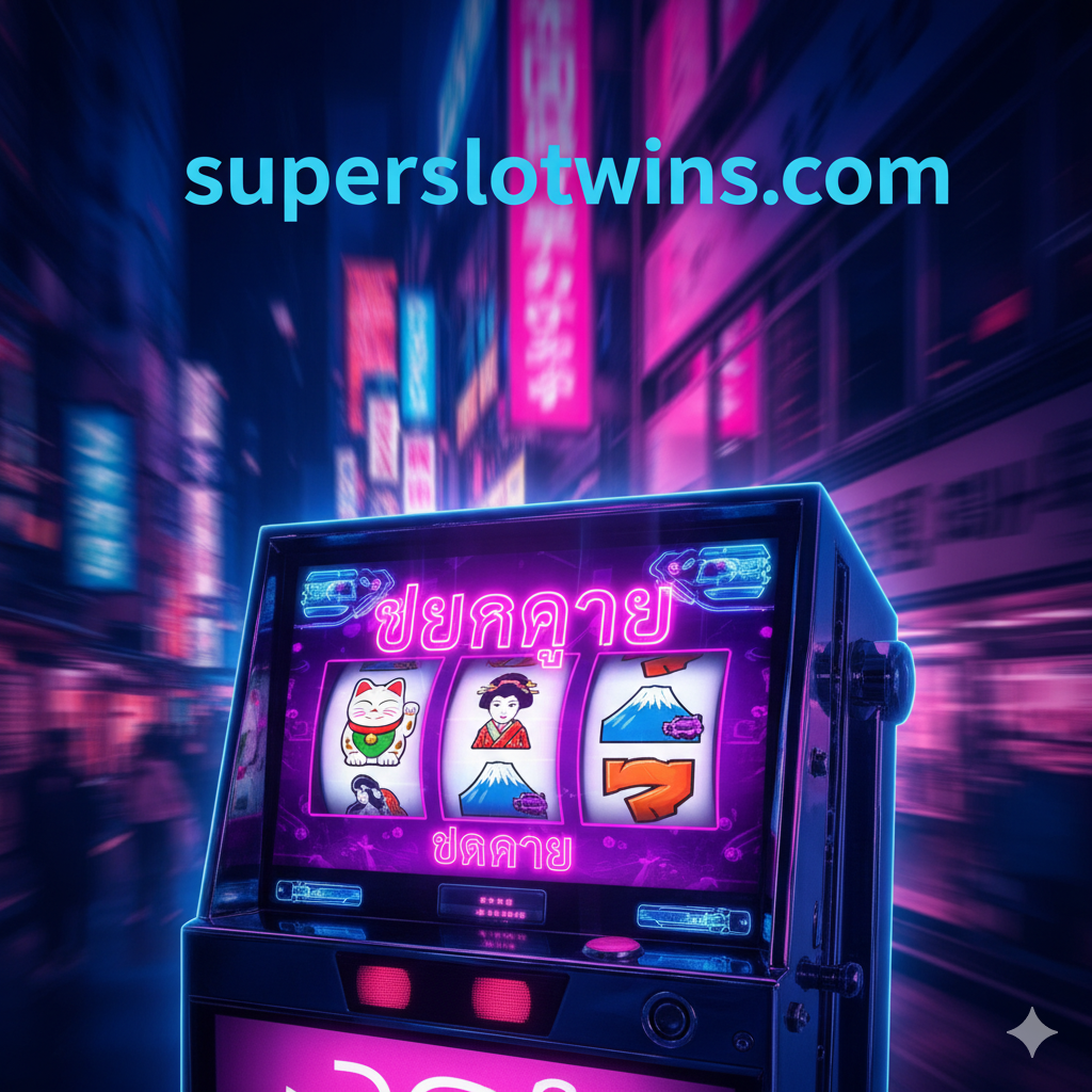 一张引人注目的封面图,主题为'Shinjuku Slot'。画面主色调为深蓝和霓虹粉/紫,营造出东京新宿歌舞伎町的夜景氛围。前景是一个高亮且风格化的老虎机(Slot Machine)屏幕,屏幕上显示着日式符号(如招财猫、艺伎、富士山),并有'MEGA WIN'或'แตกง่าย'(泰文,意为易爆奖)字样闪烁。背景是模糊但可识别的霓虹灯招牌群,突出速度感和娱乐性。整体风格现代、动感且高饱和度。