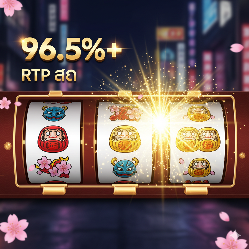 功能图片强调'แตกง่าย'（易爆奖）和高RTP。画面中央是三列旋转的日式主题老虎机符号（如达摩、樱花、武士），其中一列已锁定为中奖组合，并被金色的爆炸光芒突出显示。右上角或左上角以显眼的方式显示数字'96.5%+' 或 'RTP High'，字体使用科技感和金色描边。色彩明亮、对比强烈，营造出中大奖的兴奋感。