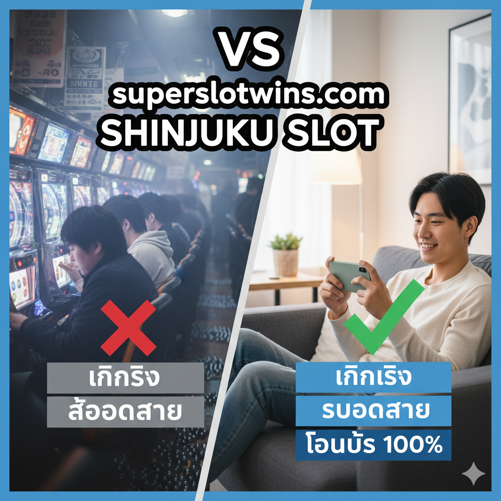 优势图片对比了传统Pachinko和在线Shinjuku Slot的优势。画面左侧是略微模糊的真实Pachinko店内部（显示拥挤、嘈杂），右侧是清晰、舒适、手持手机玩Slot的玩家（可在沙发上或家中）。中间用一个醒目的对勾（✅）和叉号（❌）或'VS'对比，突出在线玩'เงินจริง'（真钱）、'สะดวกสบาย'（方便）和'โบนัส 100%'（100%奖金）的优势。构图采用左右分割，对比鲜明。