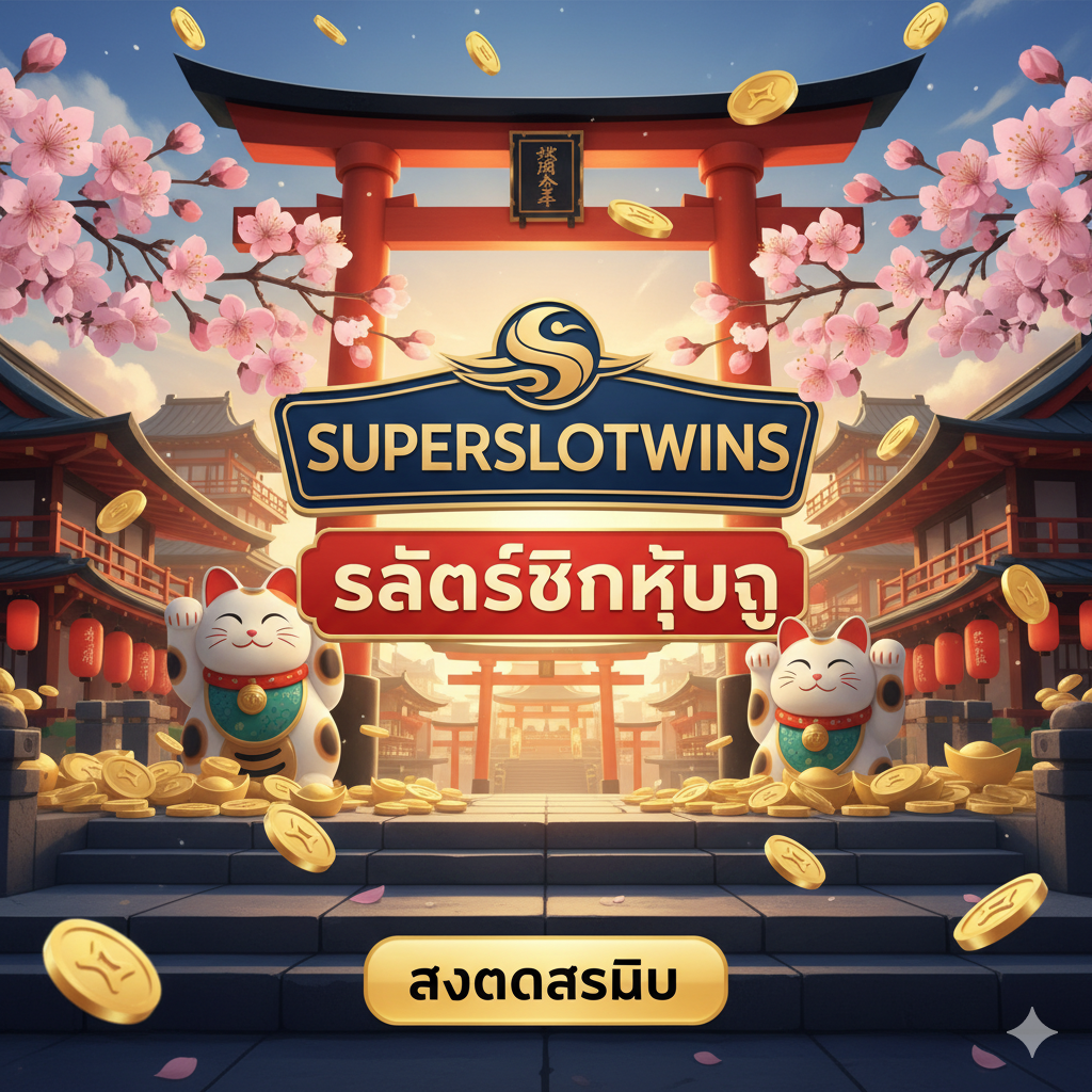 总结图片用于行动号召和品牌推广。画面中心是Superslotwins的品牌Logo（如果允许），或一个带有'SUPERSLOTWINS'字样的旗帜/招牌，下方配上'Shinjuku Slot'的关键信息。周围环绕着日式元素（如樱花、鸟居、招财猫）和金币，暗示财富和成功。图片底部应有一个清晰的CTA按钮形状，印有泰文'สมัครสมาชิก'（立即注册），整体风格大气且充满正能量。