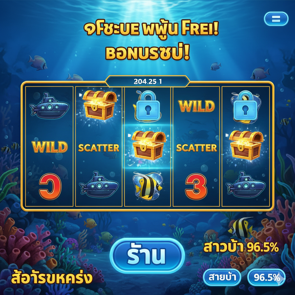 ภาพที่เน้นคุณสมบัติหลักของเกม แสดงหน้าจอวงล้อสล็อต 'Grand Blue Slot' ที่กำลังหมุนหรือเพิ่งหยุด โดยมีสัญลักษณ์พิเศษ 'Wild' (รูปเรือดำน้ำหรือนักดำน้ำ) และ 'Scatter' (รูปหีบสมบัติ) ถูกเน้นด้วยเอฟเฟกต์แสงหรือกรอบที่โดดเด่น ภาพควรแสดงผลลัพธ์ที่นำไปสู่รอบ 'Free Spins' หรือ 'Bonus' อย่างชัดเจน สีสันสดใส เน้นปุ่ม 'Spin' หรือ 'Paytable' ที่แสดงอัตราการจ่าย 96.5% เพื่อสื่อถึงความเป็น 'สล็อตแตกง่าย'