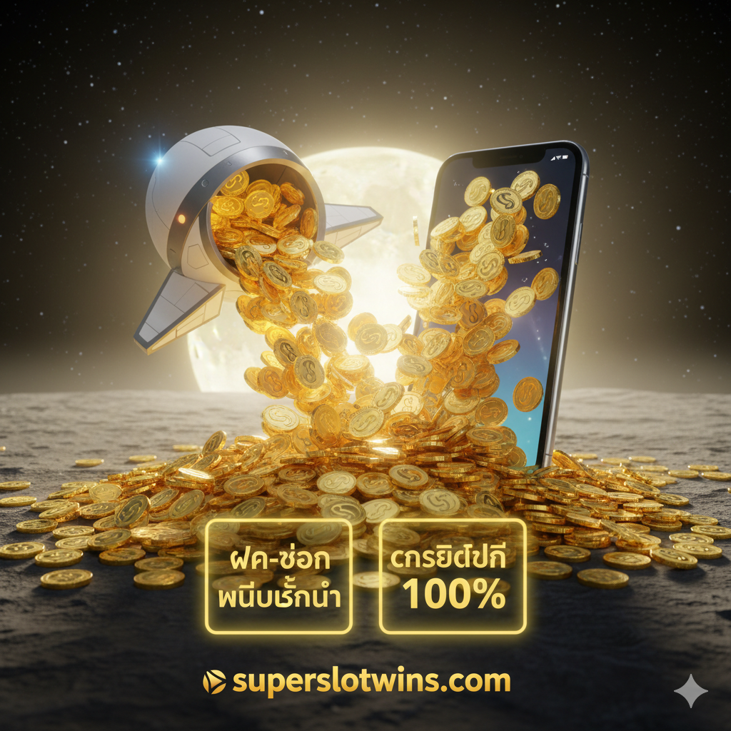 ภาพสำหรับเน้นข้อได้เปรียบในการเล่นที่ Superslotwins โดยเฉพาะเรื่อง 'ฝาก-ถอน ไม่มีขั้นต่ำ' และ 'เครดิตฟรี' ภาพควรแสดงกองเหรียญทอง (pile of gold coins) จำนวนมากที่กำลังไหลทะลักออกมาจากยานอวกาศเล็กๆ หรือหน้าจอโทรศัพท์ มีป้ายหรือข้อความที่ชัดเจนเป็นภาษาไทยว่า “ไม่มีขั้นต่ำ” และ “เครดิตฟรี 100%” จัดวางในลักษณะของฉากแห่งความอุดมสมบูรณ์ (scene of abundance) มีแสงสว่างจากด้านหลัง (backlighting) เพื่อทำให้เหรียญดูแวววาวและน่าดึงดูด ใช้สีเหลืองทองและสีขาวสว่างเป็นหลักเพื่อสื่อถึงความคุ้มค่าและข้อเสนอที่ยอดเยี่ยม