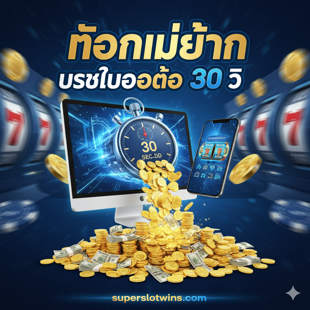 ภาพเน้นข้อได้เปรียบสูงสุดคือ 'ถอนไม่อั้น' และ 'ถอนไว 30 วินาที' สไตล์ Dynamic/High Speed Graphic แสดงภาพนาฬิกาจับเวลาที่กำลังวิ่งไปที่ 30 วินาที พร้อมกองเงินที่กำลังไหลออกมาจากหน้าจอคอมพิวเตอร์หรือโทรศัพท์มือถือ เน้นคำว่า 'ถอนไม่อั้น' และ 'ระบบออโต้ 30 วิ' ด้วยฟอนต์ที่หนาและสะดุดตา ใช้สีน้ำเงินเข้มและสีทองเพื่อสื่อถึงระบบที่รวดเร็วและปลอดภัย มีภาพพื้นหลังของชิปคาสิโนหรือสล็อตวงล้อเพื่อแสดงถึงเกมที่สามารถเล่นได้