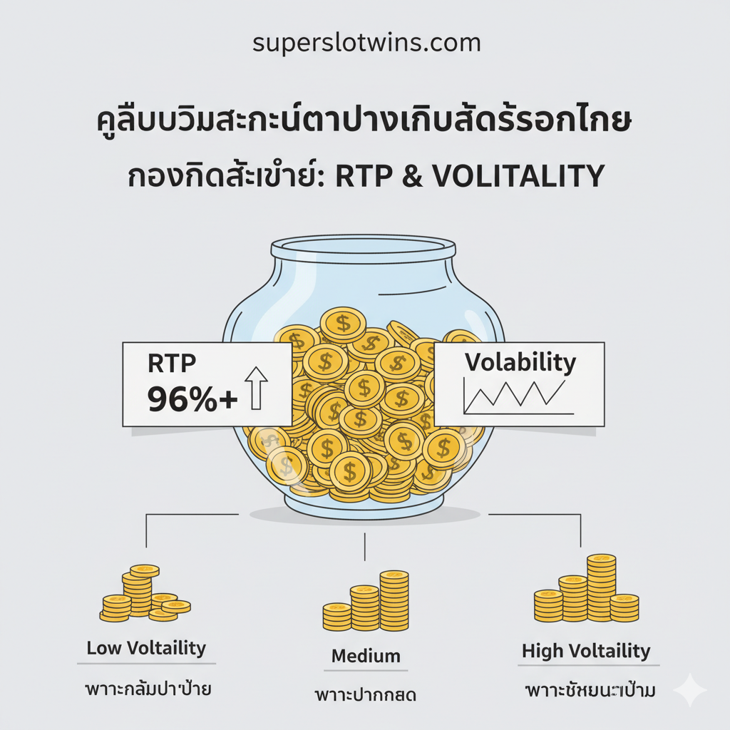 教程图,用于解释RTP(Return to Player)和Volatility(波动性)的概念。中央是一个装满金币的玻璃罐子,贴着“RTP 96%+”和“Volatility”的标签