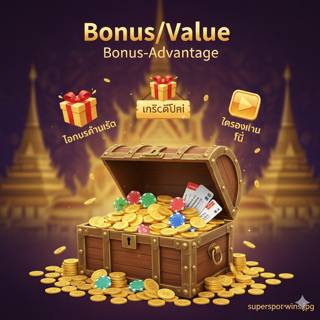 优势图,展示在线游戏的额外价值(Bonus/Value)。ภาพตรงกลางคือหีบสมบัติที่เปิดออก พร้อมเหรียญทองและของกำนัลอื่น ๆ ไหลออกมา พร้อมไอคอนที่แสดง “Welcome Bonus” และ “Free Credit”