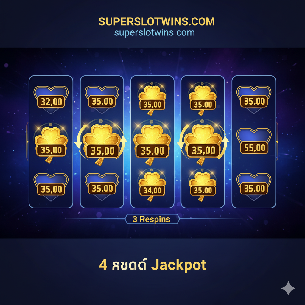 图片聚焦于游戏的核心功能“Clover Link Feature”或“Hold & Spin”机制。画面中央是老虎机屏幕的特写，有至少5个金色的四叶草符号被锁定在格子上，周围是重新旋转的箭头或计数器（3 Respins）。背景颜色使用深蓝色或紫色，以突出金色四叶草符号的闪耀效果。ใน图片底部可以巧妙地嵌入“4 ระดับ Jackpot”的文字，用视觉方式解释游戏的玩法，强调功能性和大奖的关联性。