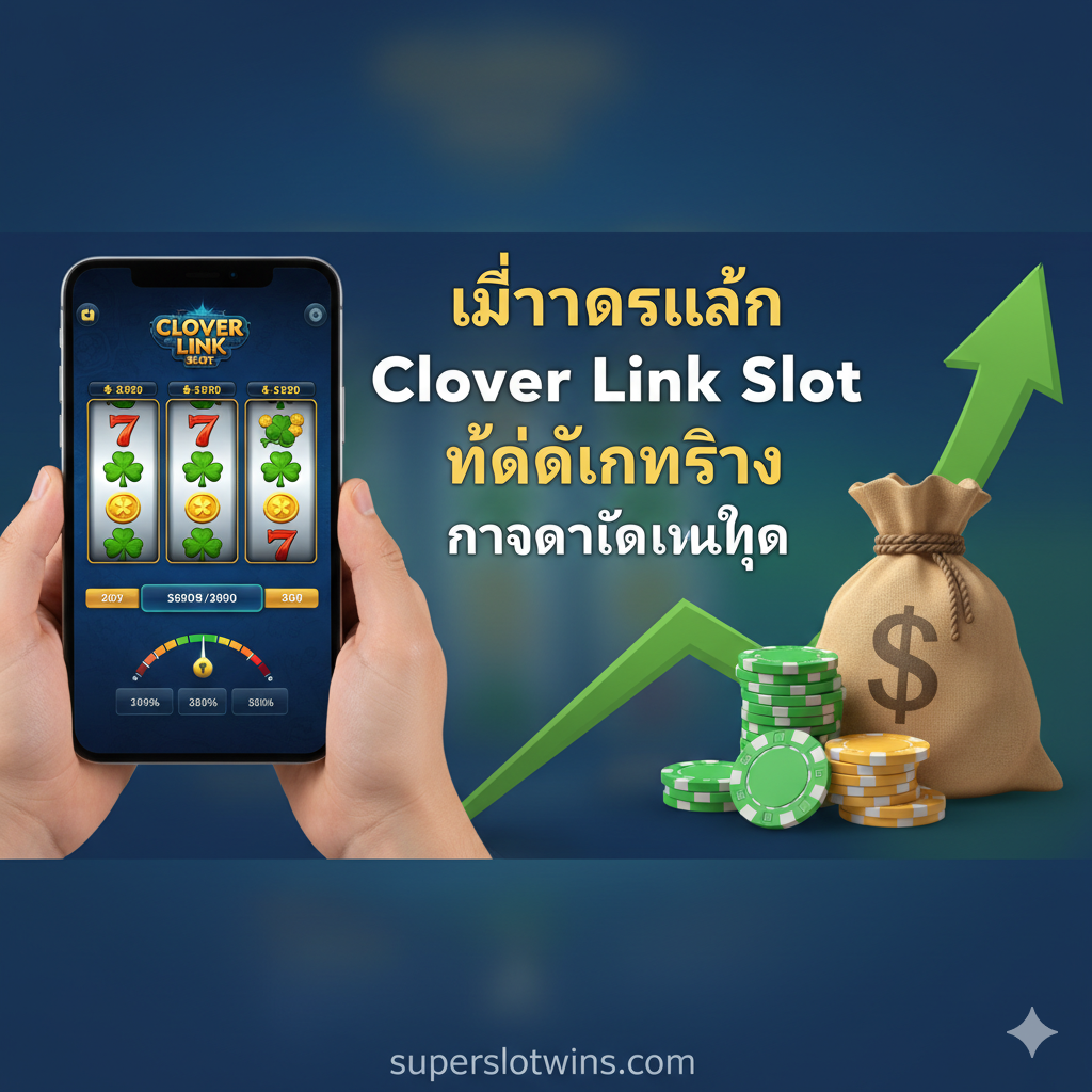 一张关于“วิธีการเล่น Clover Link Slot ให้ได้เงินจริง”的教程图。画面应包含玩家正在通过手机或电脑玩老虎机的场景（手持设备），同时配有代表“Bankroll Management”的元素，如一个钱袋或堆叠的筹码，旁边有一个绿色的向上箭头。配色应令人放松แต่专业，例如蓝色或绿色为主色调。构图应将老虎机界面和资金管理的符号并置，传达出“策略性地เล่น”的概念。