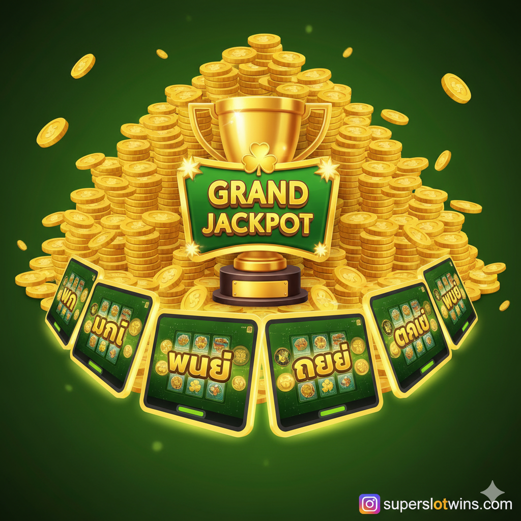 强调游戏“เน้นแจ็กพอต 4 ระดับ”的优势图。图片以一个大型的Grand Jackpot奖杯或金币山作为焦点，周围环绕着4个不同大小的迷你老虎机屏幕或标签，分别标注着“Mini, Minor, Major, Grand”。整体采用高对比度的色彩，如鲜绿色和亮金色，营造出丰厚奖励的氛围。图片风格应具有吸引ใจ，明确展示玩家有机会赢得巨额奖金的吸引力。