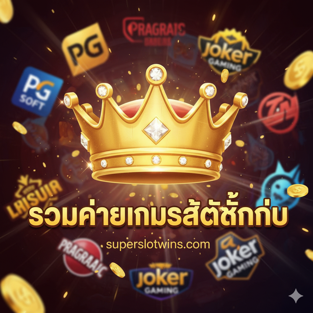 一张醒目的封面图,主题为'ค่ายเกมสล็อต' (Slot Developers)。主体เป็นสัญลักษณ์สล็อตสีทอง, พื้นหลังเป็นโลโก้ผู้พัฒนาเกม (PG Soft, Pragmatic Play) ในลักษณะกึ่งโปร่งใส, เน้นสีทอง แดง และน้ำเงินเทคโนโลยี, สร้างความรู้สึกหรูหราและไฮเทค.