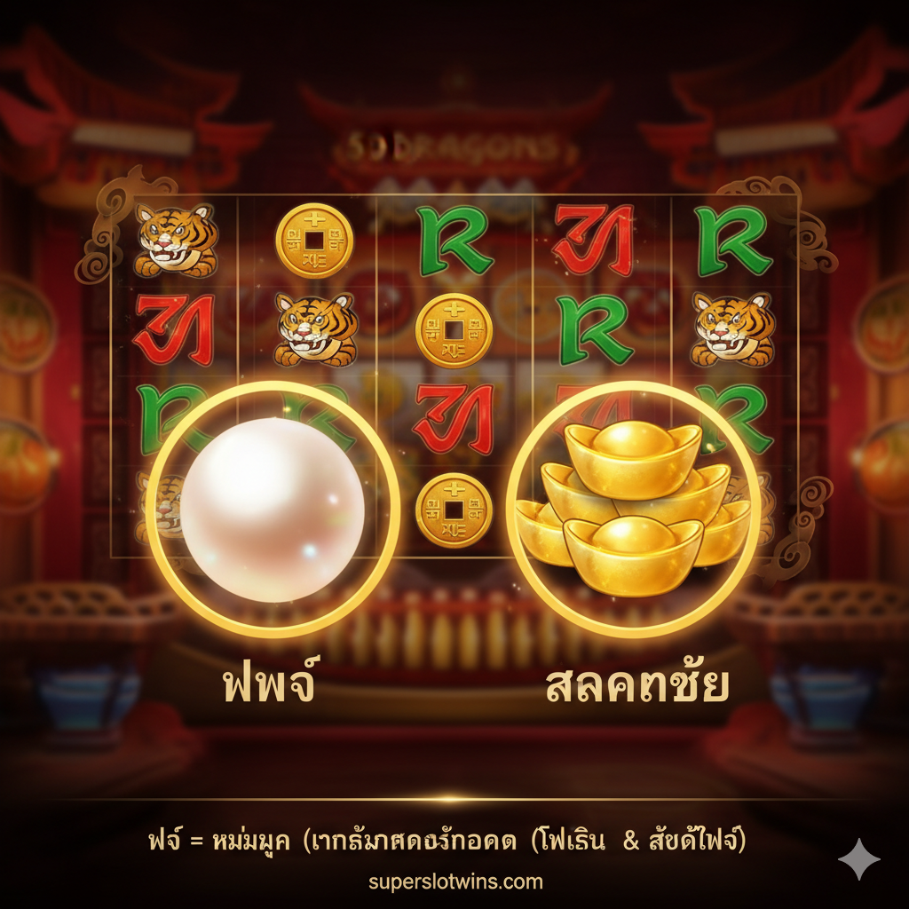 一張展示遊戲核心功能，特寫鏡頭中是發光的白色珍珠 (Wild) 和一疊金色的แท่งทองคำ/金元寶 (Scatter)。周圍環繞著 5x4 旋轉捲軸。泰文小字解釋符號和功能。