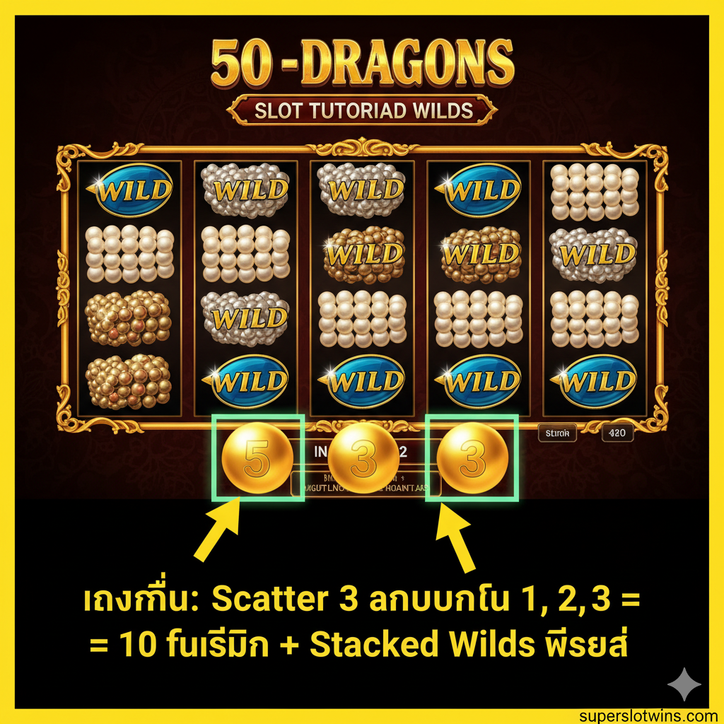 一張教程指導圖，3個金元寶 (Scatter) 符號整齊地出現在捲軸 1, 2, และ 3 บน發光，標記著進入 Free Spins 獎勵模式。文字標註 'เงื่อนไข: Scatter 3 อันบนรีล 1, 2, 3 = 10 ฟรีสปิน + Stacked Wilds พิเศษ'