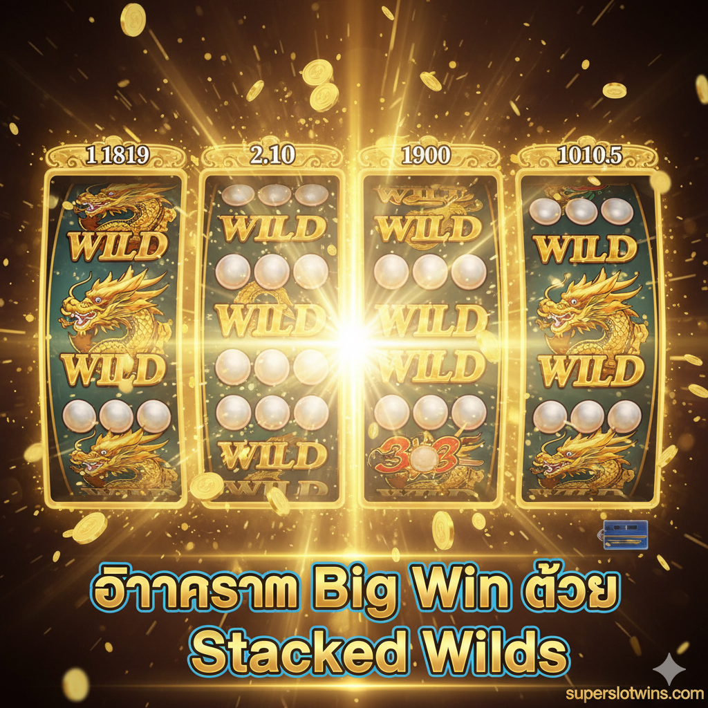 一张展示 Stacked Wilds 带来的巨大优势和 Big Win 潜力的图。卷轴 2、3、4 และ 5 几乎被ไข่มุก (Wilds) 符号完全覆盖，并连接着มังกร (Dragon) 符号，形成巨额奖金组合。