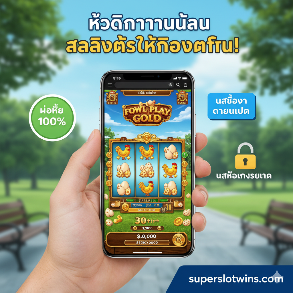 突出在 superslotwins.com 玩游戏的优势，特别是免费和移动优化。图片应为一个手机（iPhone/Android）屏幕的特写，屏幕上清晰地展示着 Fowl Play Gold 游戏的完整界面，暗示用户可以随时随地玩。周围可以有几个悬浮的图标或标签，如一个“100% Mobile”、一个“No Download”和一把“锁”（表示“Senza Registrazione”），强调即时、无障碍的免费游戏体验。整体设计应简洁、现代，具有很强的网站品牌亲和力。