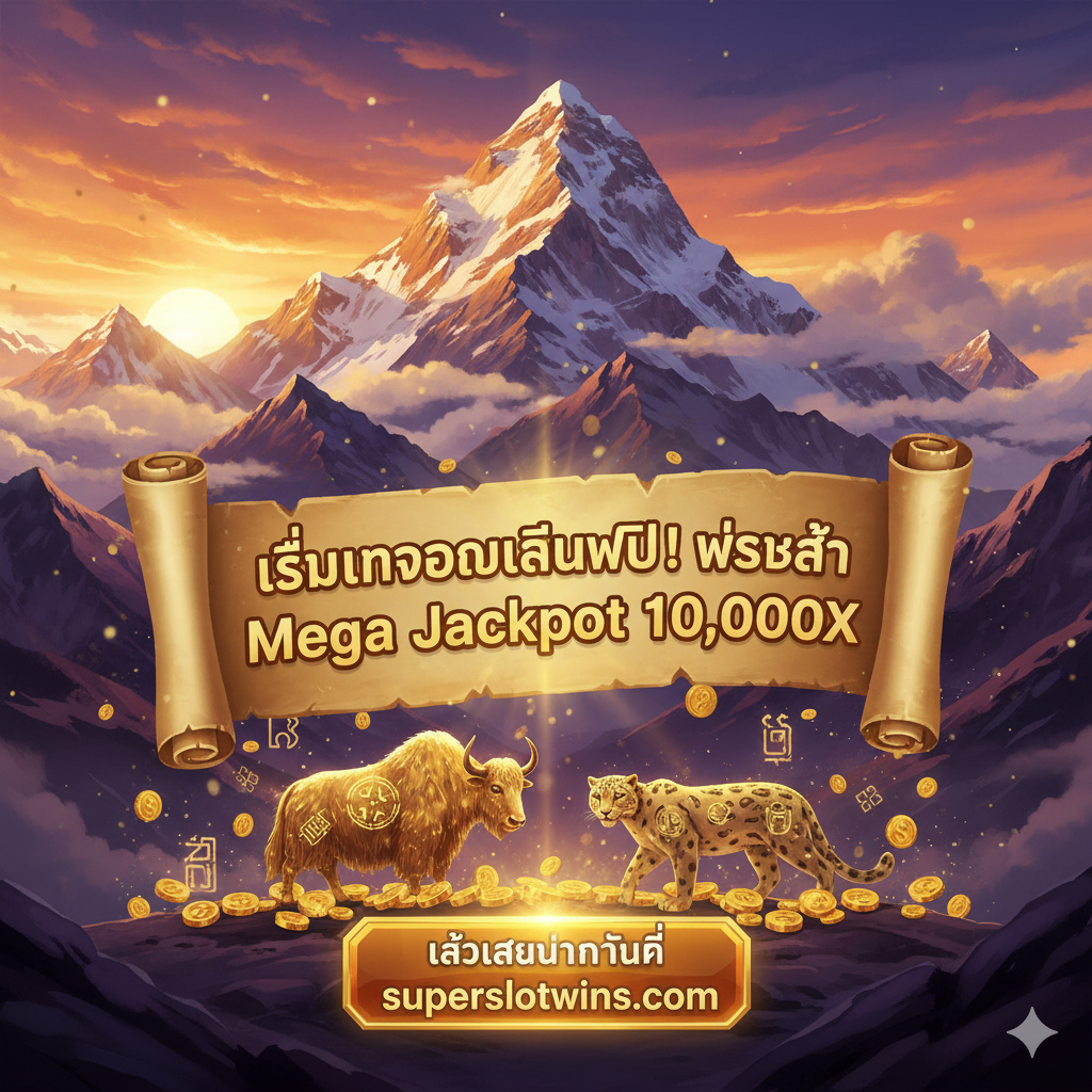 ภาพสรุปและกระตุ้นการตัดสินใจ (Call to Action) ออกแบบคล้ายโปสเตอร์ภาพยนตร์หรือการผจญภัยที่น่าตื่นเต้น แสดงภาพยอดเขาหิมาลัยที่สวยงามตระการตาในมุมมองพระอาทิตย์ขึ้นหรือตกดิน (โทนสีส้ม-ม่วง) มีข้อความกระตุ้น 'เริ่มทดลองเล่นฟรี! พร้อมล่า Mega Jackpot 10,000X' อย่างเด่นชัด พร้อมปุ่มกราฟิกขนาดใหญ่ 'เข้าเล่นทันทีที่ superslotwins.com' ภาพควรสื่อถึงความรู้สึก 'โอกาสที่กำลังจะมาถึง' และ 'ความมั่งคั่ง' เพื่อให้ผู้เล่นคลิกเข้าสู่เกม