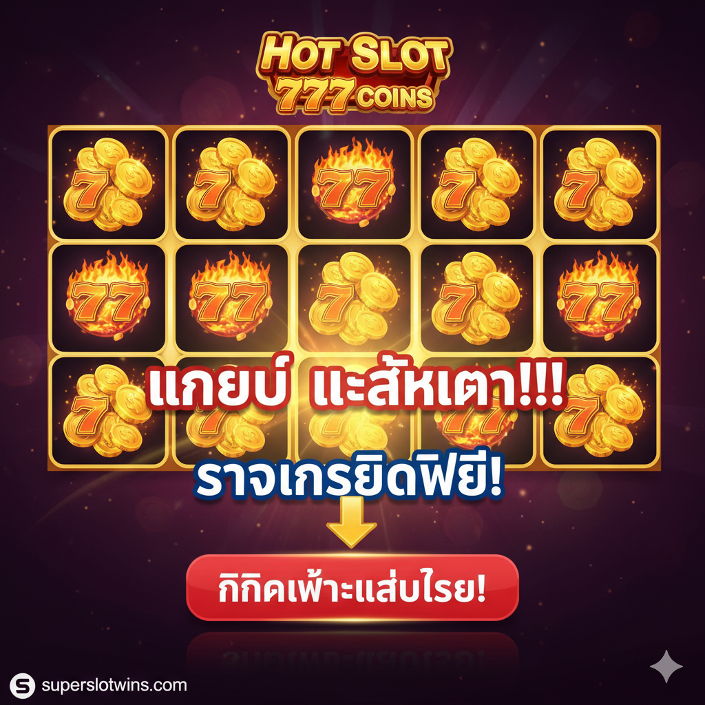 ภาพสรุปและ Call to Action (CTA) ที่น่าดึงดูดใจ ภาพควรมีฉากหลังเป็นชัยชนะของเกม Hot Slot 777 Coins ที่วงล้อทั้ง 9 ช่องเต็มไปด้วยเหรียญทองและข้อความ 'Grand Jackpot' หรือ 'Big Win' ตัวอักษรขนาดใหญ่และสีตัดกัน (เช่น สีขาวบนพื้นหลังสีทอง/แดง) ควรปรากฏข้อความกระตุ้น เช่น 'รับเครดิตฟรี!' หรือ 'พร้อมล่าแจ็คพอต 9 เหรียญหรือยัง?' และมีลูกศรชี้ลงไปที่ปุ่ม CTA ด้านล่าง เพื่อเน้นให้ผู้ใช้งานคลิกสมัครหรือเข้าเล่นทันที เป็นภาพปิดท้ายที่สร้างแรงจูงใจและสรุปข้อเสนอทั้งหมดได้อย่างชัดเจน