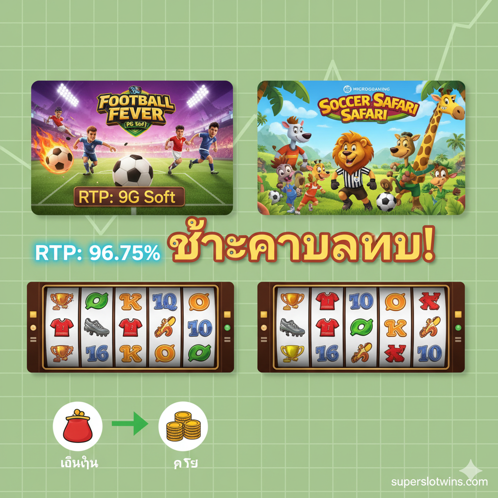 ภาพประกอบส่วน 'วิธีการเล่น/แนะนำเกม' โดยเน้นที่เกมสล็อตที่กล่าวถึงในบทความ ภาพควรแสดงการรวมกันของปกเกมสล็อต 'Football Fever (PG Soft)' และ 'Soccer Safari (Microgaming)' แสดงให้เห็นวงล้อสล็อตกำลังหมุนและมี 'ตัวเลข RTP: 96.75%' หรือ 'Big Win' ปรากฏอยู่บนหน้าจอ มีไอคอนเล็กๆ เป็นรูปกระเป๋าเงิน (Bankroll) และลูกศรชี้ขึ้น (Profit) เพื่อสื่อถึงการทำกำไร พื้นหลังควรเป็นสีเขียวอ่อนๆ หรือลายตารางกราฟ เพื่อให้ดูเหมือนเป็น 'แผนผังการทำเงิน' ที่เป็นระบบระเบียบและง่ายต่อการเข้าใจ