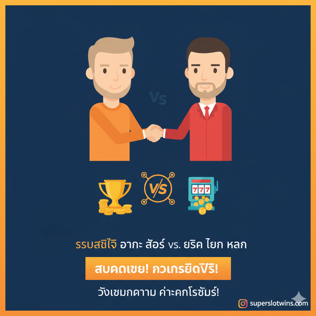 ภาพสรุปและ Call-to-Action (CTA) ขั้นสุดท้าย ภาพควรมีองค์ประกอบของการเชิญชวนให้ 'สมัครสมาชิก' และ 'รับเครดิตฟรี' แสดงภาพไอคอนกุนซือ (Slot และ Ten Hag แบบมินิมอล) กำลังจับมือกันเหนือสัญลักษณ์ของเหรียญรางวัลและสัญลักษณ์สล็อต มีปุ่ม CTA ขนาดใหญ่ที่เขียนว่า 'สมัครเลย!' หรือ 'รับเครดิตฟรี!' ใช้สีตัดกันที่สะดุดตา เช่น สีส้ม/เหลืองกับพื้นหลังสีน้ำเงินเข้ม ภาพรวมต้องให้ความรู้สึกของการ 'จบเกมอย่างสวยงาม' ด้วยการ 'ทำกำไร' ที่แน่นอน