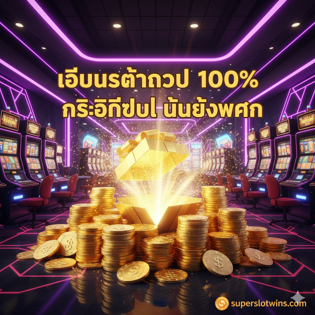 ภาพเน้นข้อได้เปรียบด้านโบนัสและเครดิตฟรี (Advantage/Bonus)。แสดงกองเหรียญทองหรือชิปคาสิโนขนาดใหญ่ พร้อมกล่องของขวัญที่เปิดออกและมีแสงสว่างพุ่งออกมา。มีตัวเลข '100% Welcome Bonus' และ 'Free Credit No Deposit' เป็นภาษาไทย/พม่าที่ดึงดูดสายตาอย่างชัดเจน。พื้นหลังเป็นธีมคาสิโนที่ดูหรูหราและมีชีวิตชีวา (เช่น แสงไฟนีออนสีม่วง-ชมพู) เพื่อสื่อถึงความคุ้มค่าและโอกาสในการชนะที่สูง