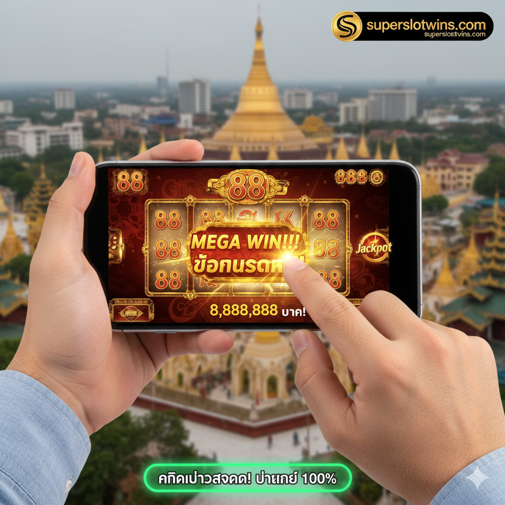 ภาพสรุปและกระตุ้นการตัดสินใจ (Summary/CTA)。แสดงภาพมือที่กำลังถือสมาร์ทโฟนและกำลังเล่นเกมสล็อต 888 อย่างสนุกสนาน โดยมีหน้าจอเกมแสดงภาพสัญลักษณ์ 'Jackpot' หรือ 'Big Win' ที่ส่องประกาย。พื้นหลังเบลอเล็กน้อยเป็นภาพเมืองย่างกุ้งหรือสถาปัตยกรรมเมียนมาที่สื่อถึงการเล่นได้ทุกที่。มีข้อความกระตุ้นการตัดสินใจสุดท้าย เช่น 'คลิกเพื่อสมัคร! ปลอดภัย 100%' พร้อมโลโก้ของ superslotwins.com ในมุมใดมุมหนึ่งอย่างเป็นทางการ